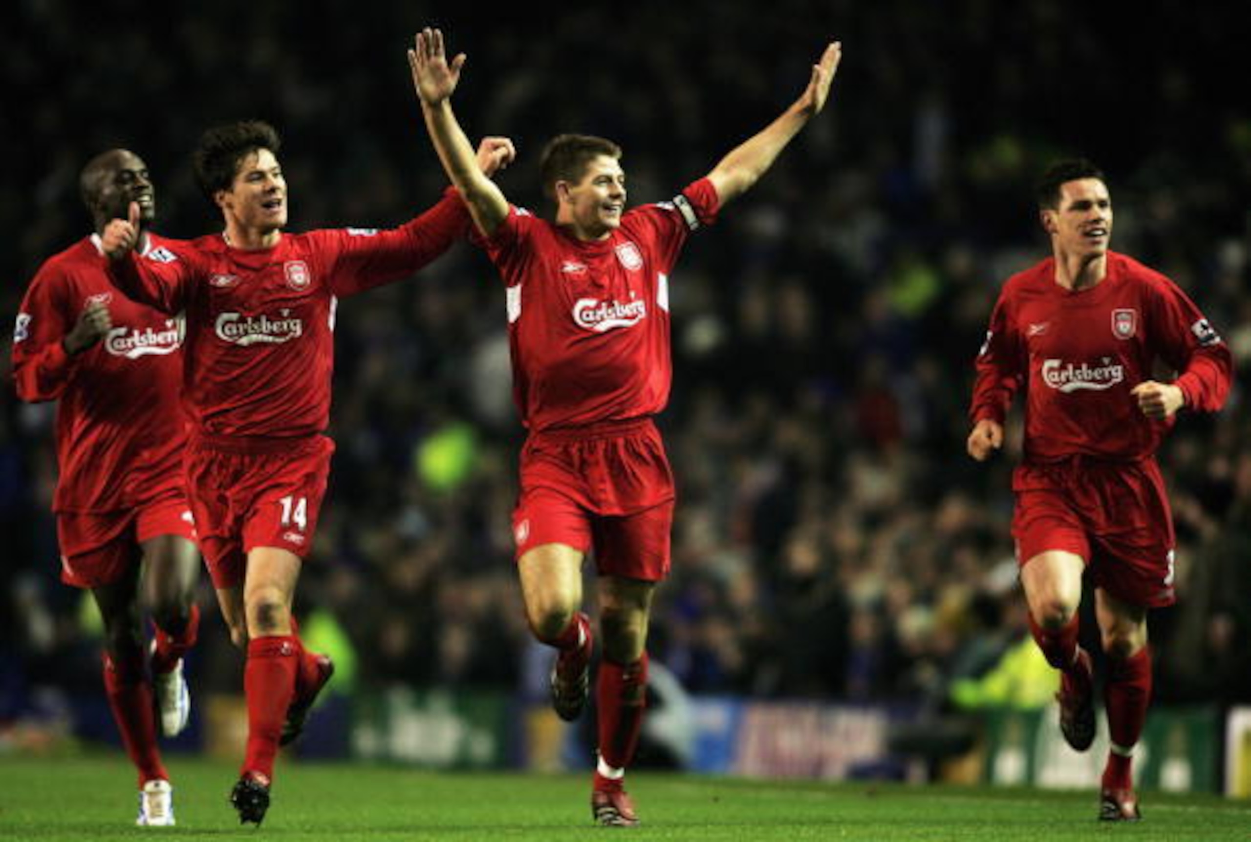 Steven Gerrard celebrates a 2005 goal against Everton.
