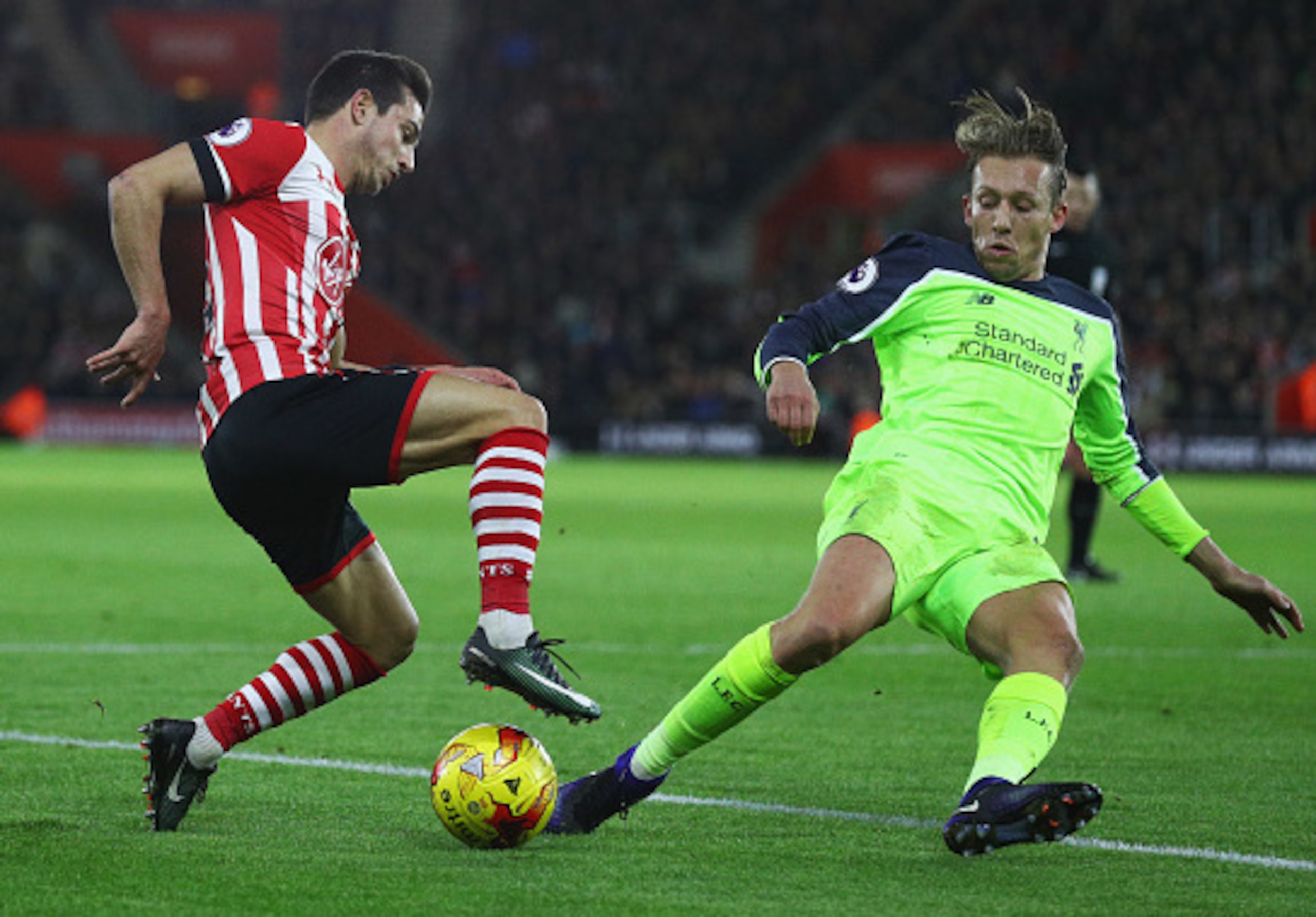 Lucas puts in a challenge during the cup clash with Southampton.