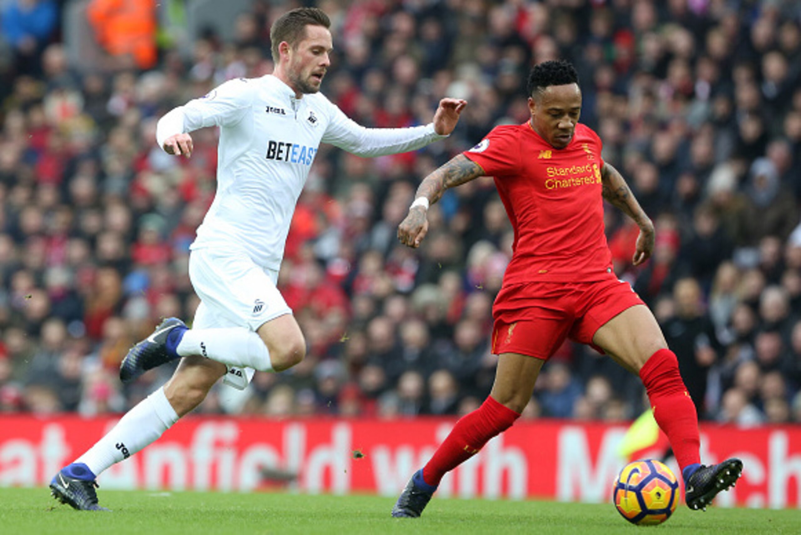 Gylfi Sigurdsson closes down Liverpool's Nathaniel Clyne on Saturday. Gylfi Sigurdsson closes down Liverpool's Nathaniel Clyne on Saturday.