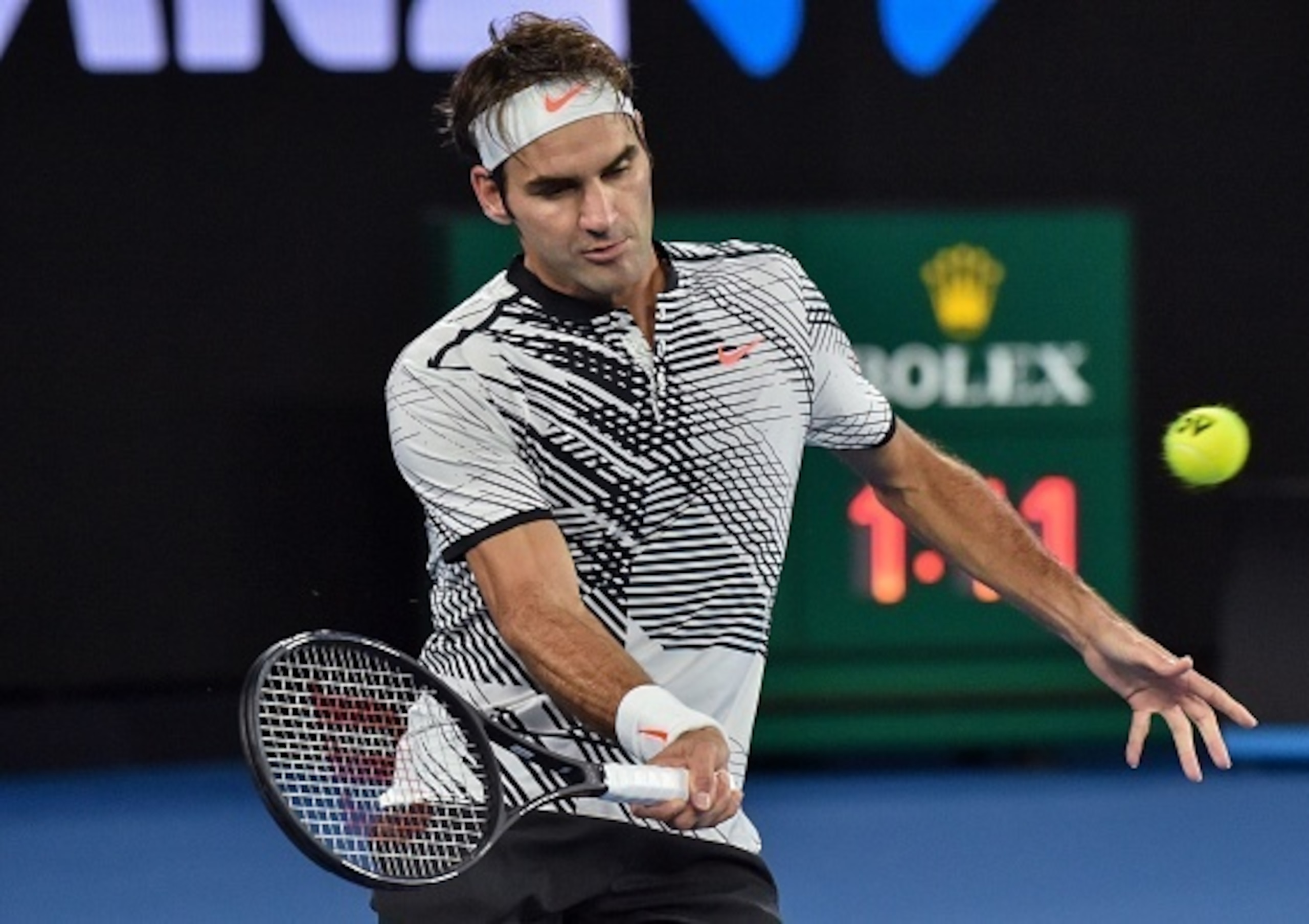 Roger Federer hits a forehand during the 2017 Australian Open.