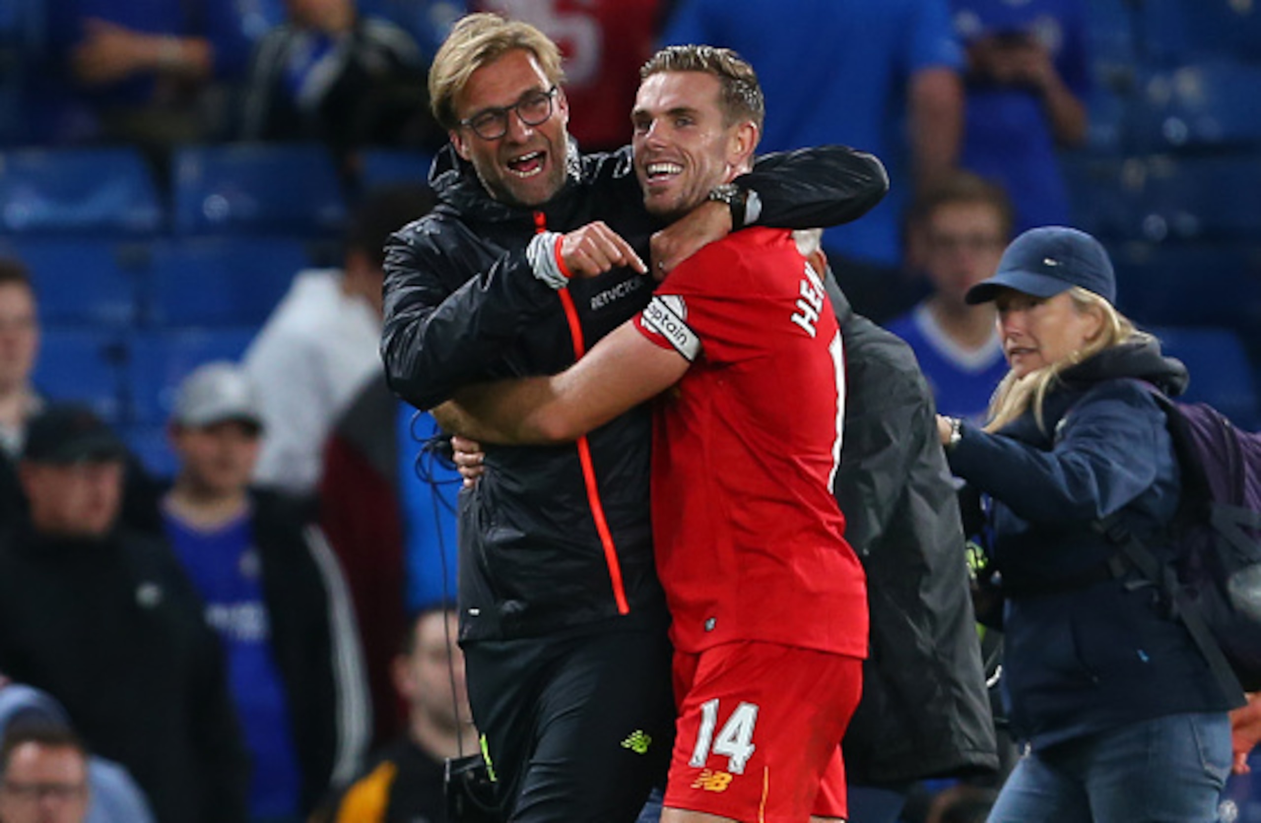 Jurgen Klopp congratulates Jordan Henderson on making it into the combined XI (possibly). Jurgen Klopp congratulates Jordan Henderson on making it into the combined XI (possibly).