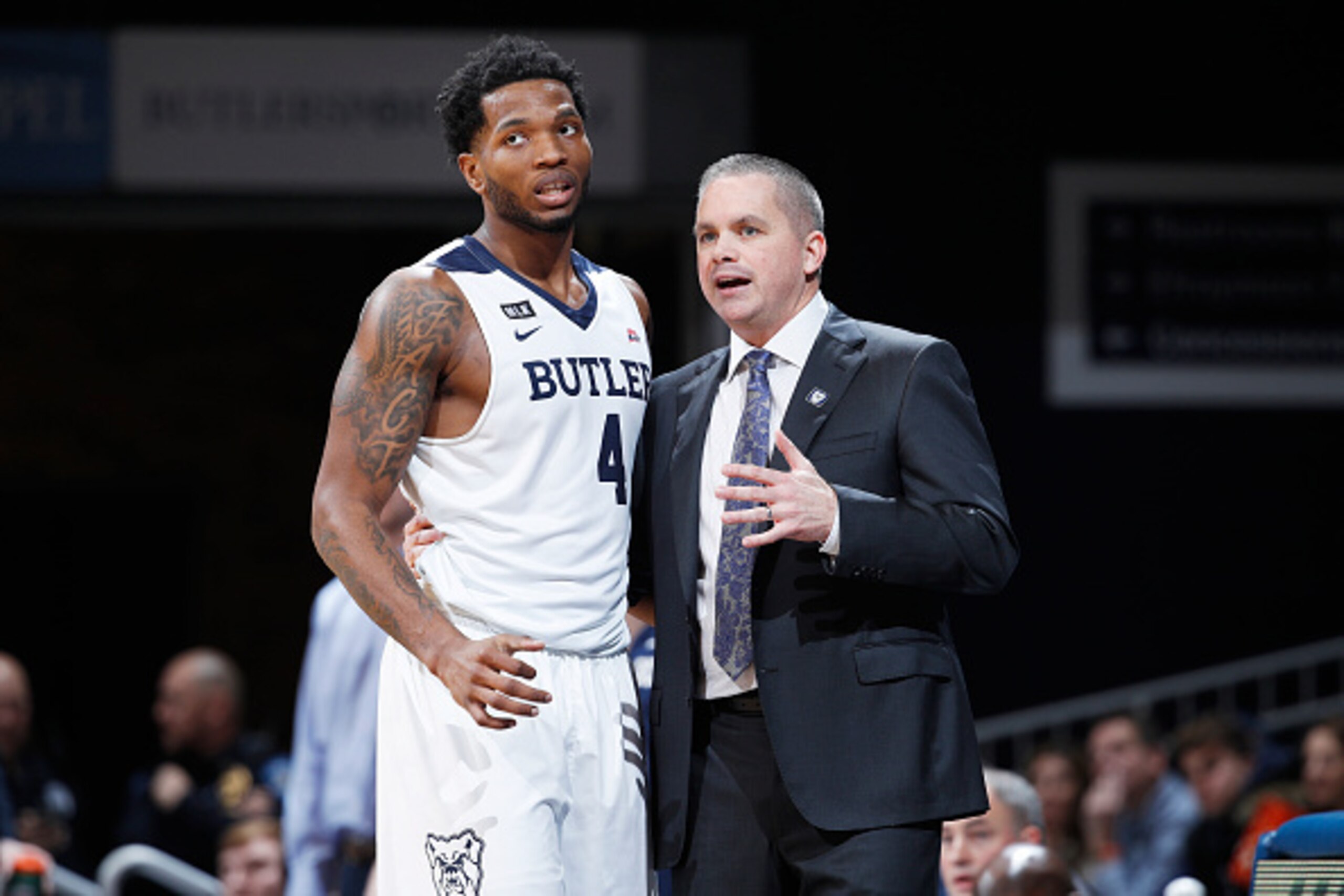 Tyler Wideman and head coach Chris Holtmann possibly discussing Butler's defensive shortcomings.