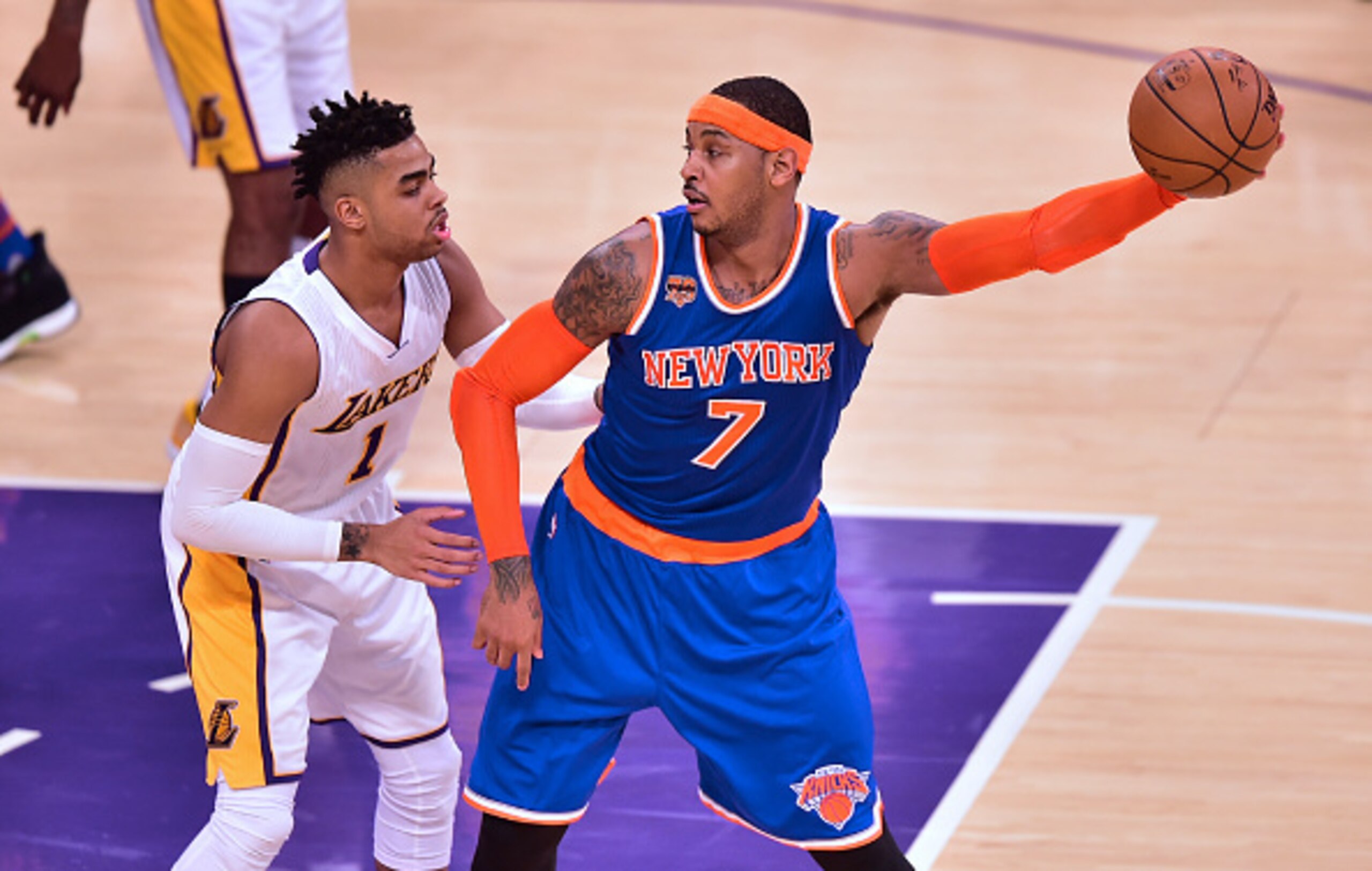 Lakers PG D'Angelo Russell (left) and Knicks SF Carmelo Anthony