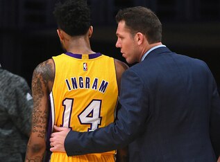 Lakers SF Brandon Ingram (left) and head coach Luke Walton