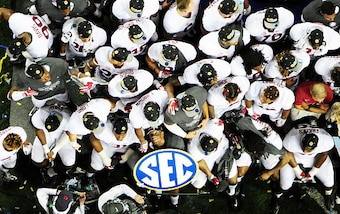 ATLANTA, GA - DECEMBER 03:  The Alabama Crimson Tide celebrate their 54 to 16 win over the Florida Gators in the SEC Championship game at the Georgia Dome on December 3, 2016 in Atlanta, Georgia.  (Photo by Scott Cunningham/Getty Images)
