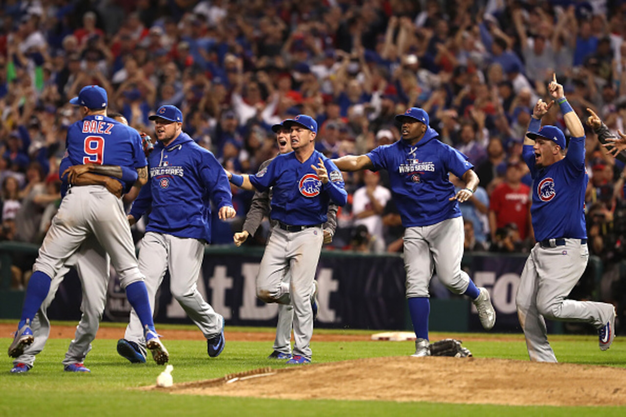 The Chicago Cubs celebrate after winning Game 7 of the 2016 World Series.