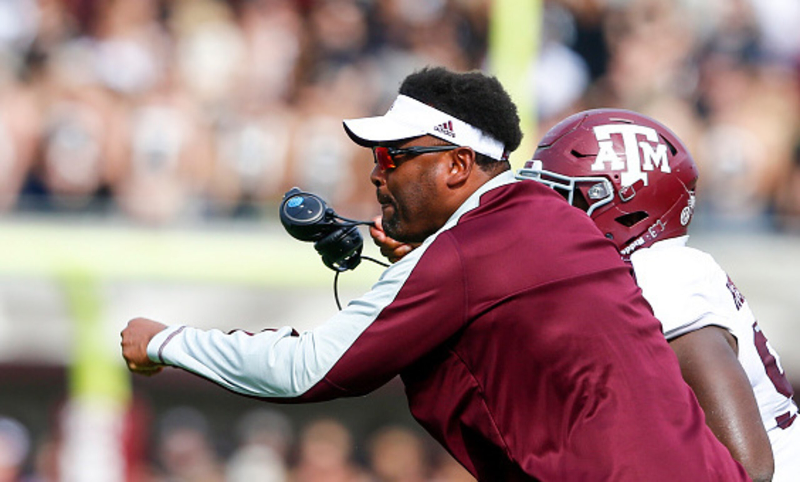 STARKVILLE, MS - NOVEMBER 5: Head coach Kevin Sumlin of the Texas A&M Aggies reacts to a call during the first half of an NCAA college football game against the Mississippi State Bulldogs at Davis Wade Stadium on November 5, 2016 in Starkville, Mississipp