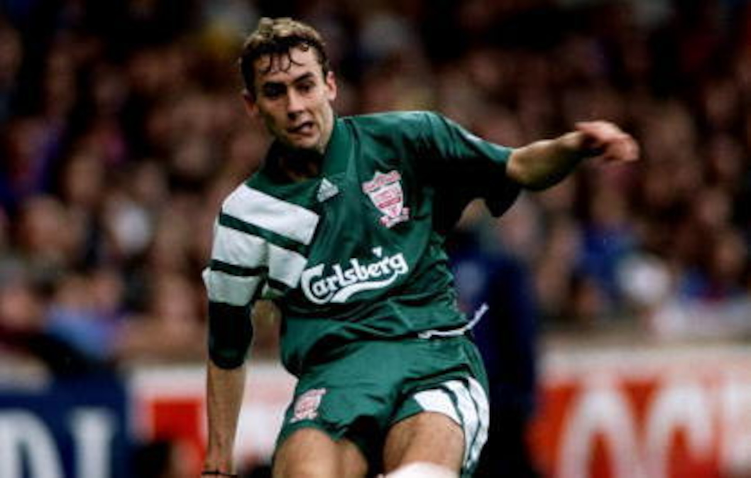 Don Hutchison models Liverpool's very first away kit in the Premier League era.