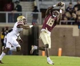 Nov 11, 2016; Tallahassee, Florida State Seminoles wide receiver Auden Tate (18) makes a first quarter catch against Boston College Eagles defensive back Lukas Denis (21) at Doak Campbell Stadium. Mandatory Credit: Glenn Beil-USA TODAY Sports