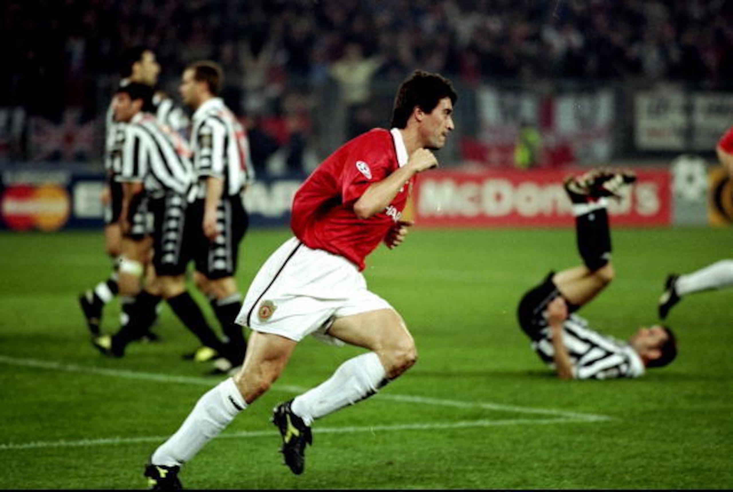 Roy Keane celebrates his goal in the Champions League semi-final. Roy Keane celebrates his goal in the Champions League semi-final.