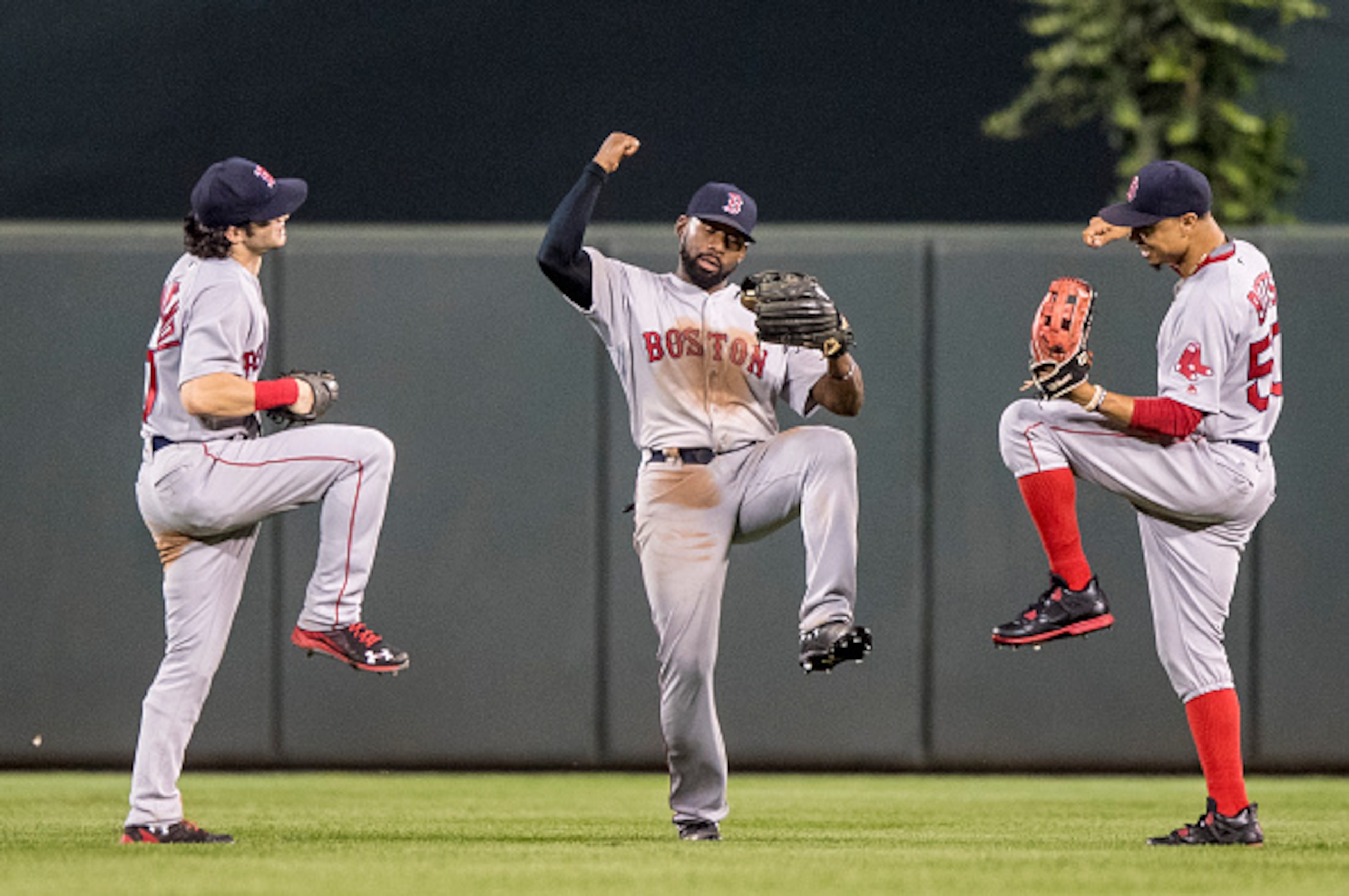 Andrew Benintendi, Jackie Bradley Jr. and Mookie Betts /