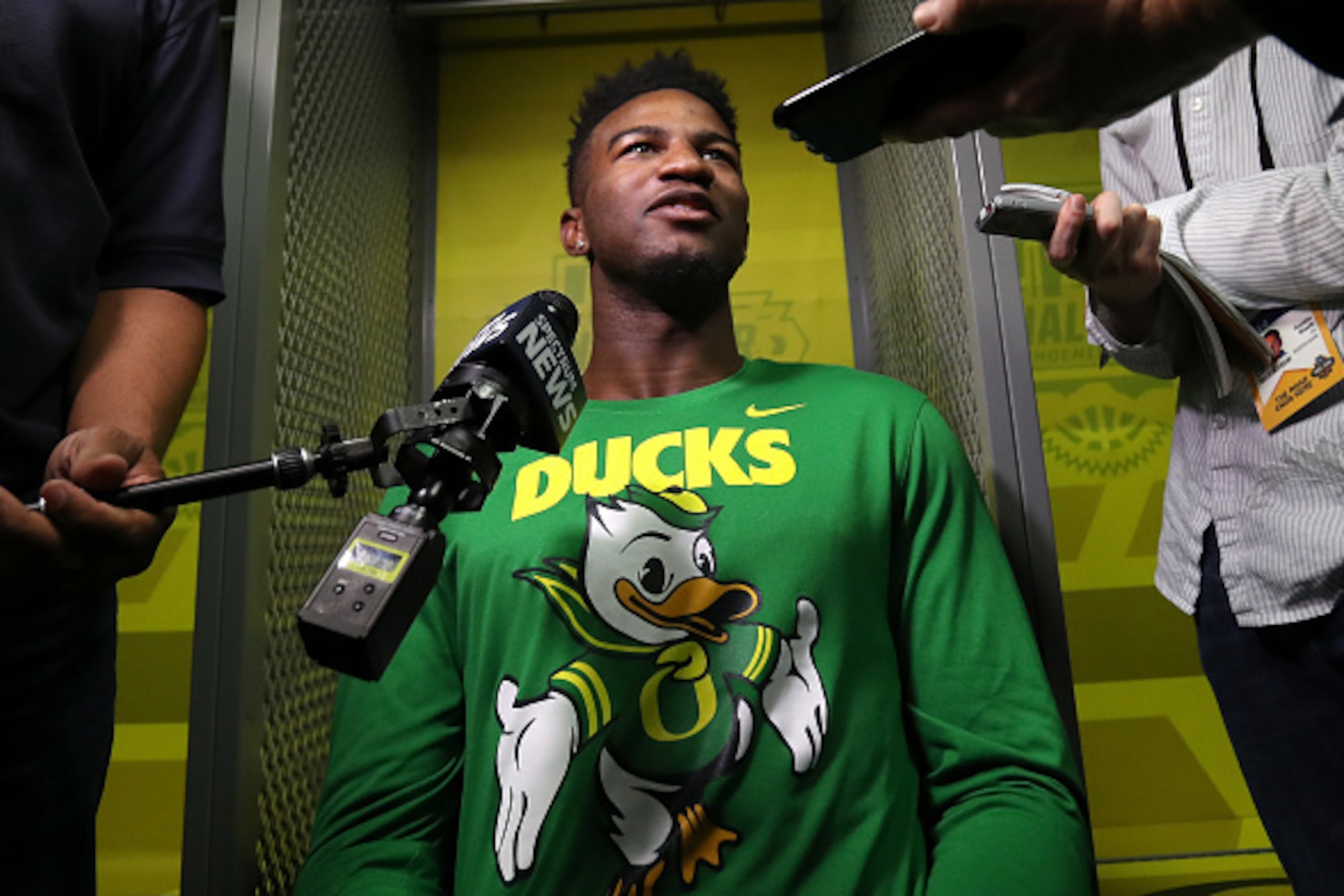 After blocking eight Kansas shots in the Elite Eight, Jordan Bell was a popular player at media day.