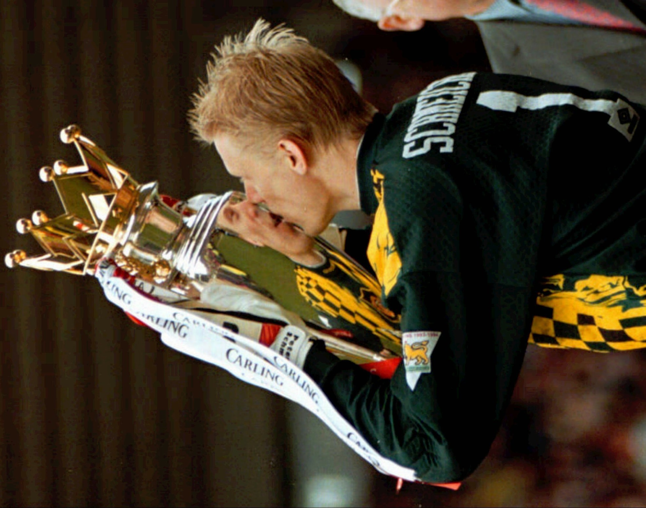Peter Schmeichel with the Premier League trophy in 1996.