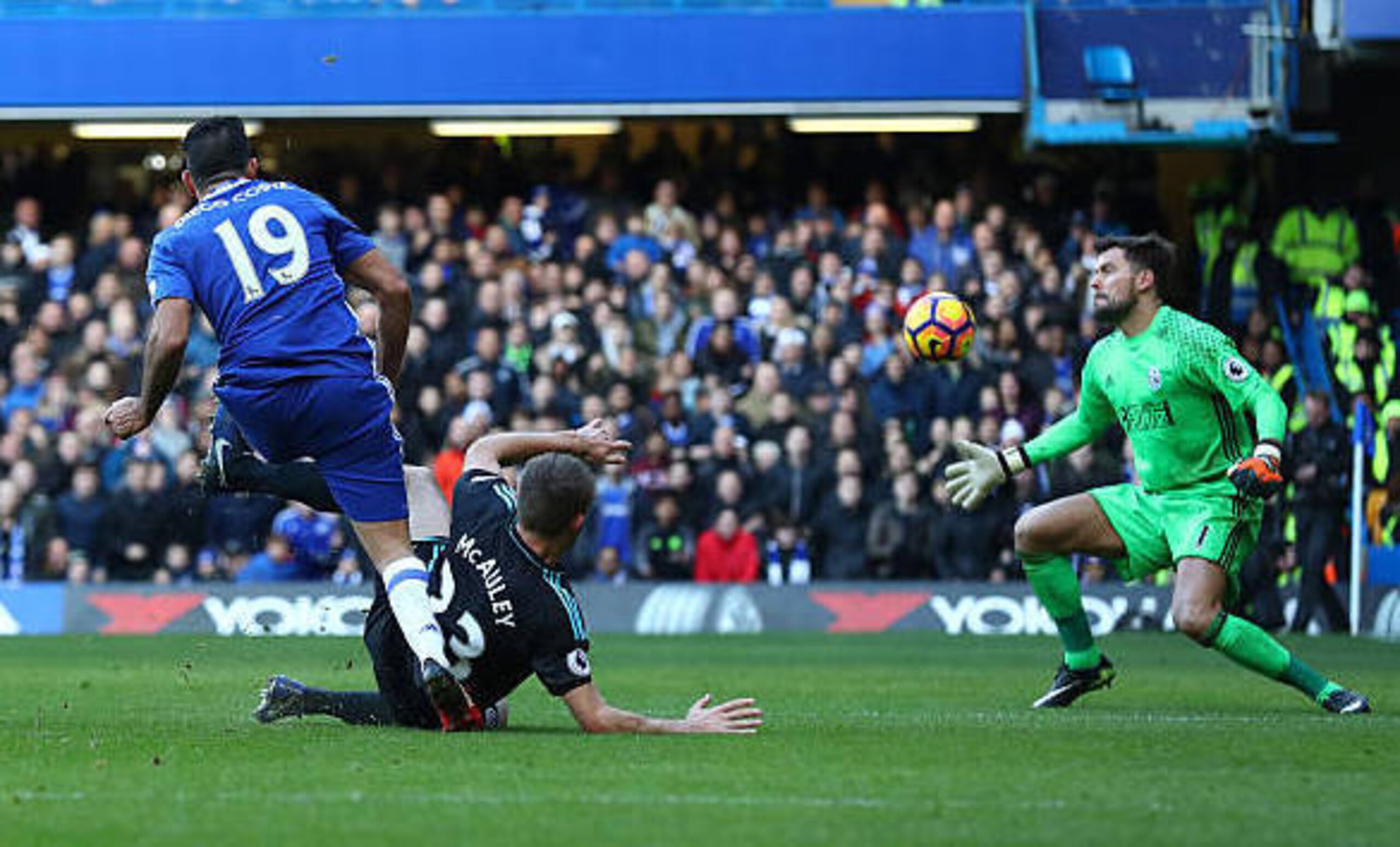 Costa fires home his goal against West Brom in December.