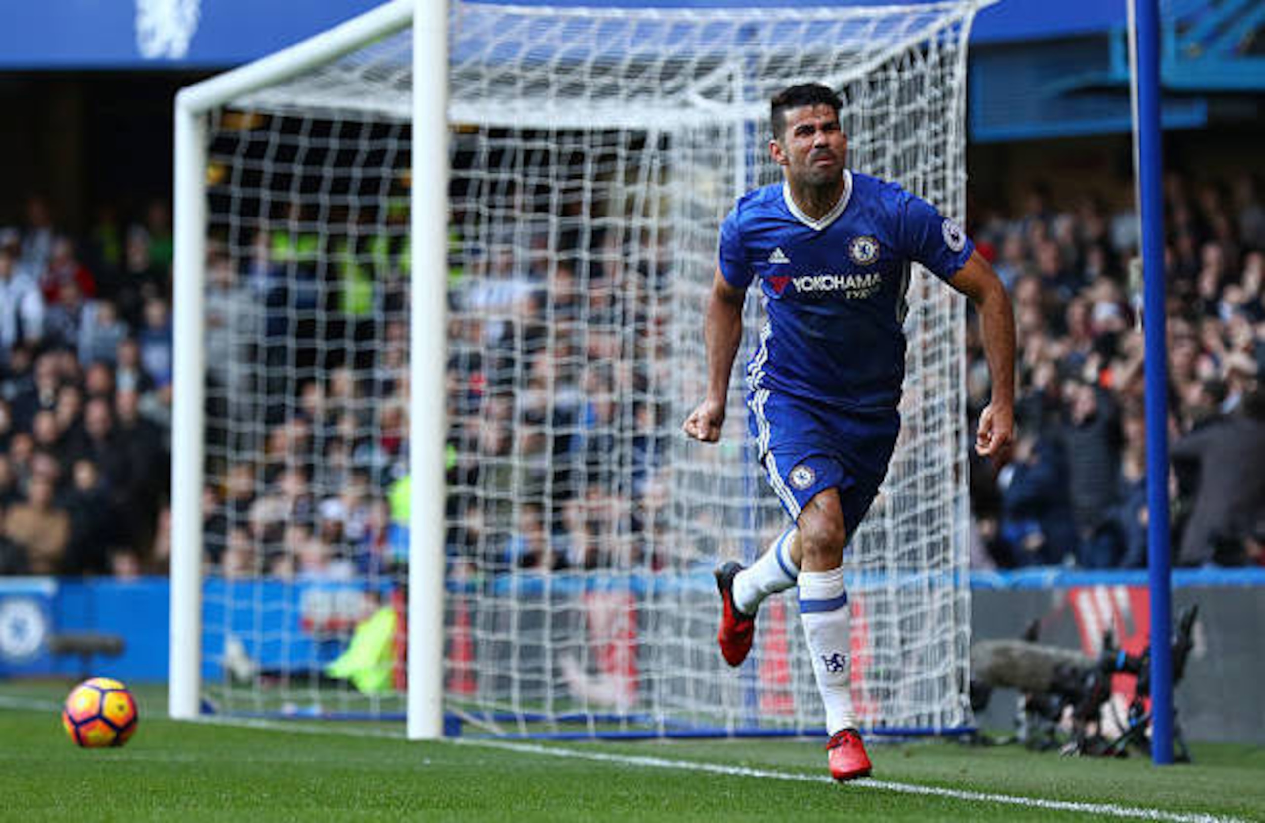 Costa wheels off in celebration after securing a 1-0 victory over West Bromwich Albion.