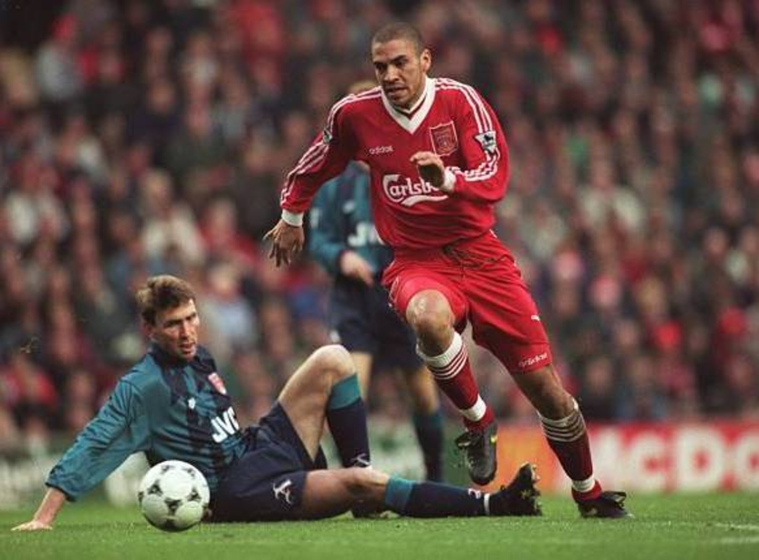 V-neck is for victory: Liverpool's Spice Boys lost a Wembley final in 1996.