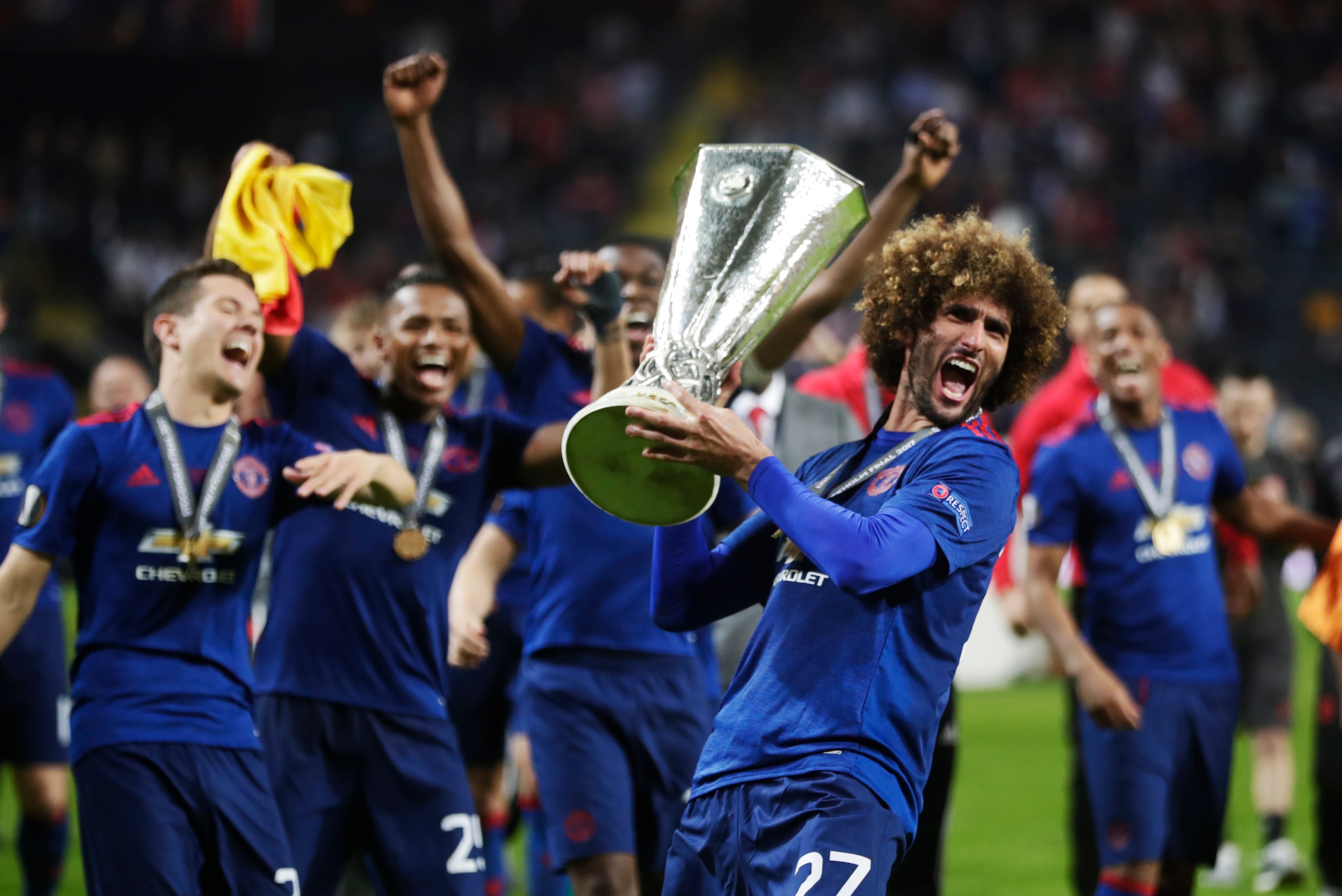 Manchester United celebrate their Europa League win.