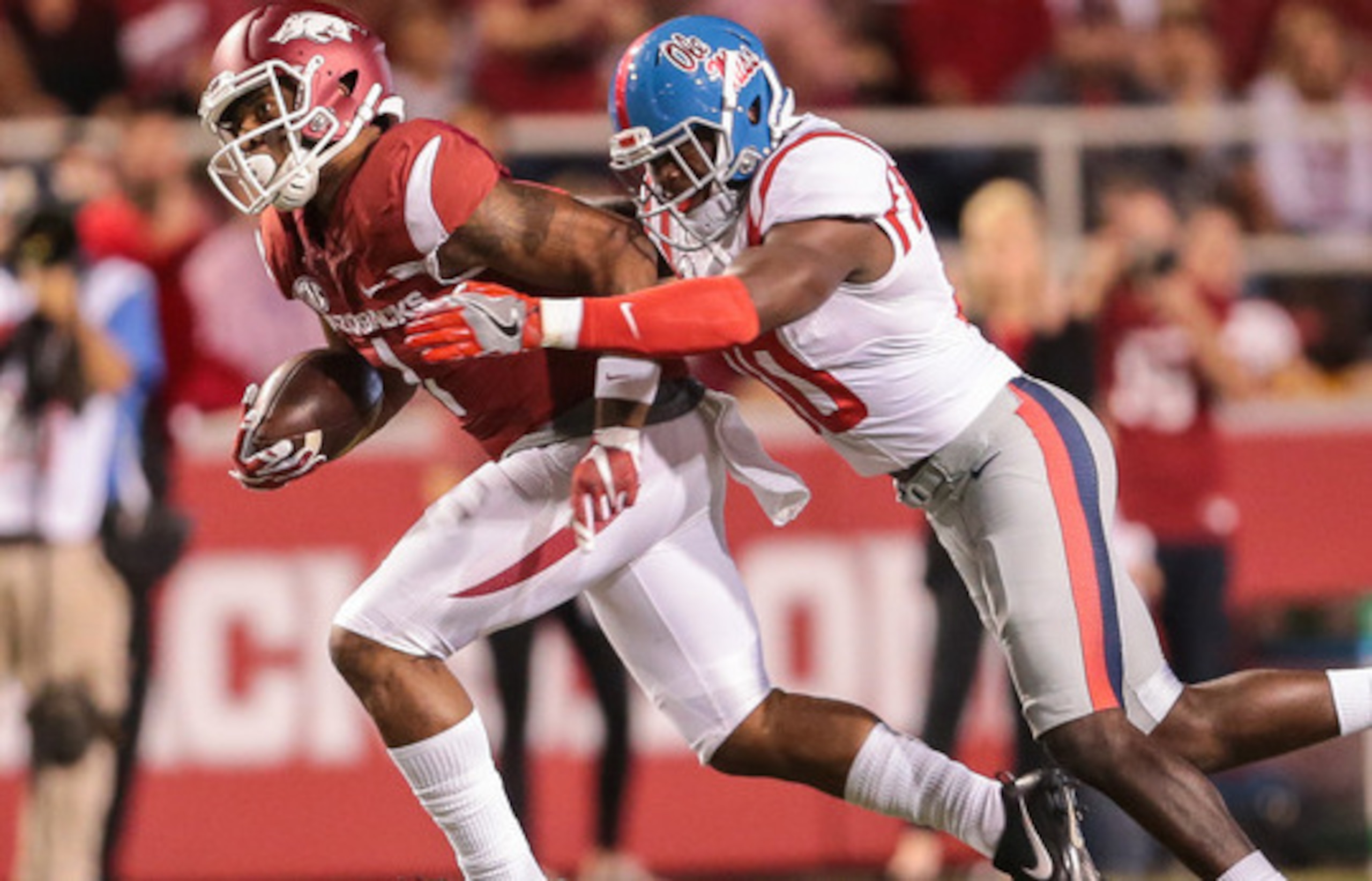 Edge-rusher Marquis Haynes can track down opposing ball-carriers because he weighs about as much as they do.