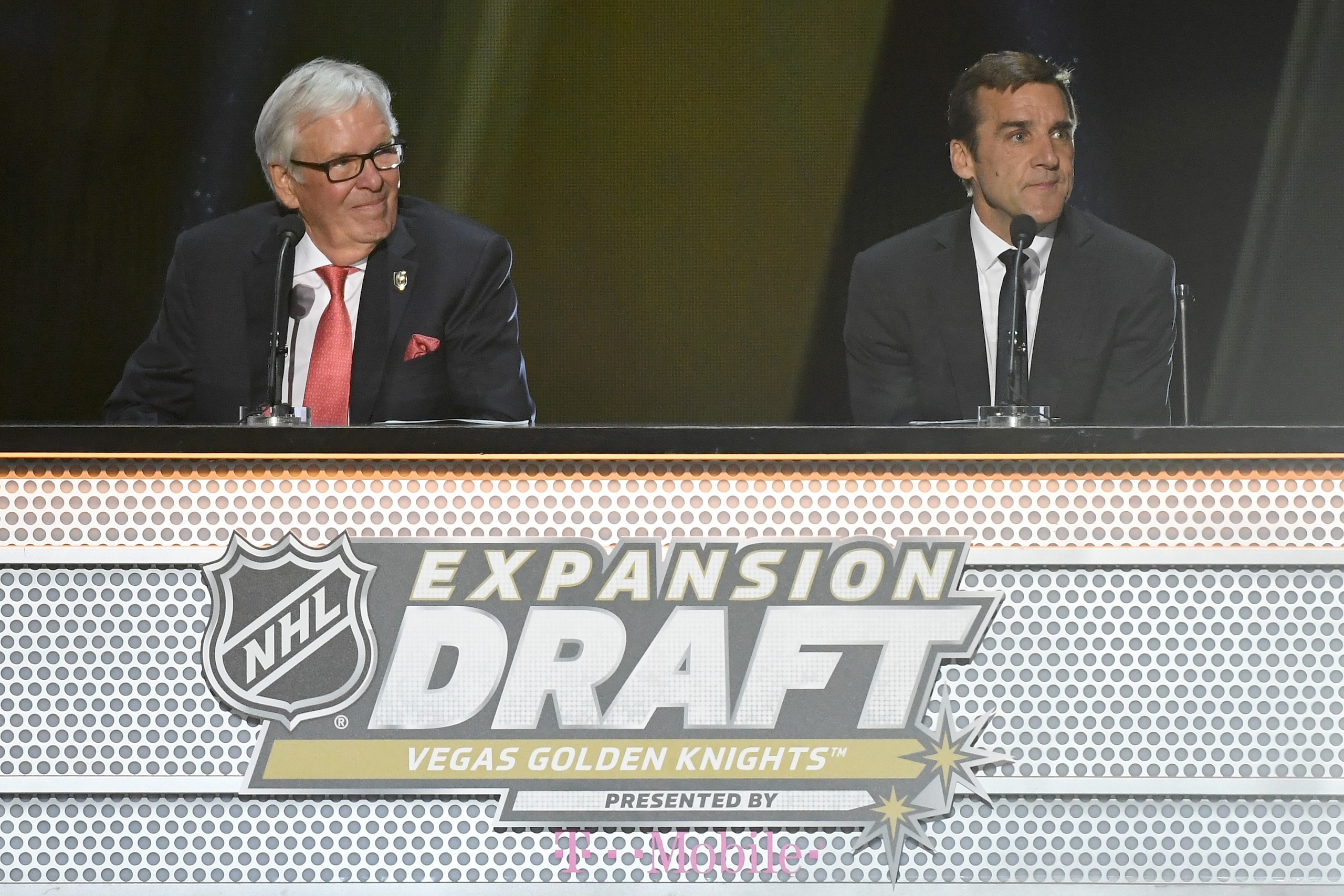 Las Vegas Golden Knights owner Bill Foley, left, and general manager George McPhee
