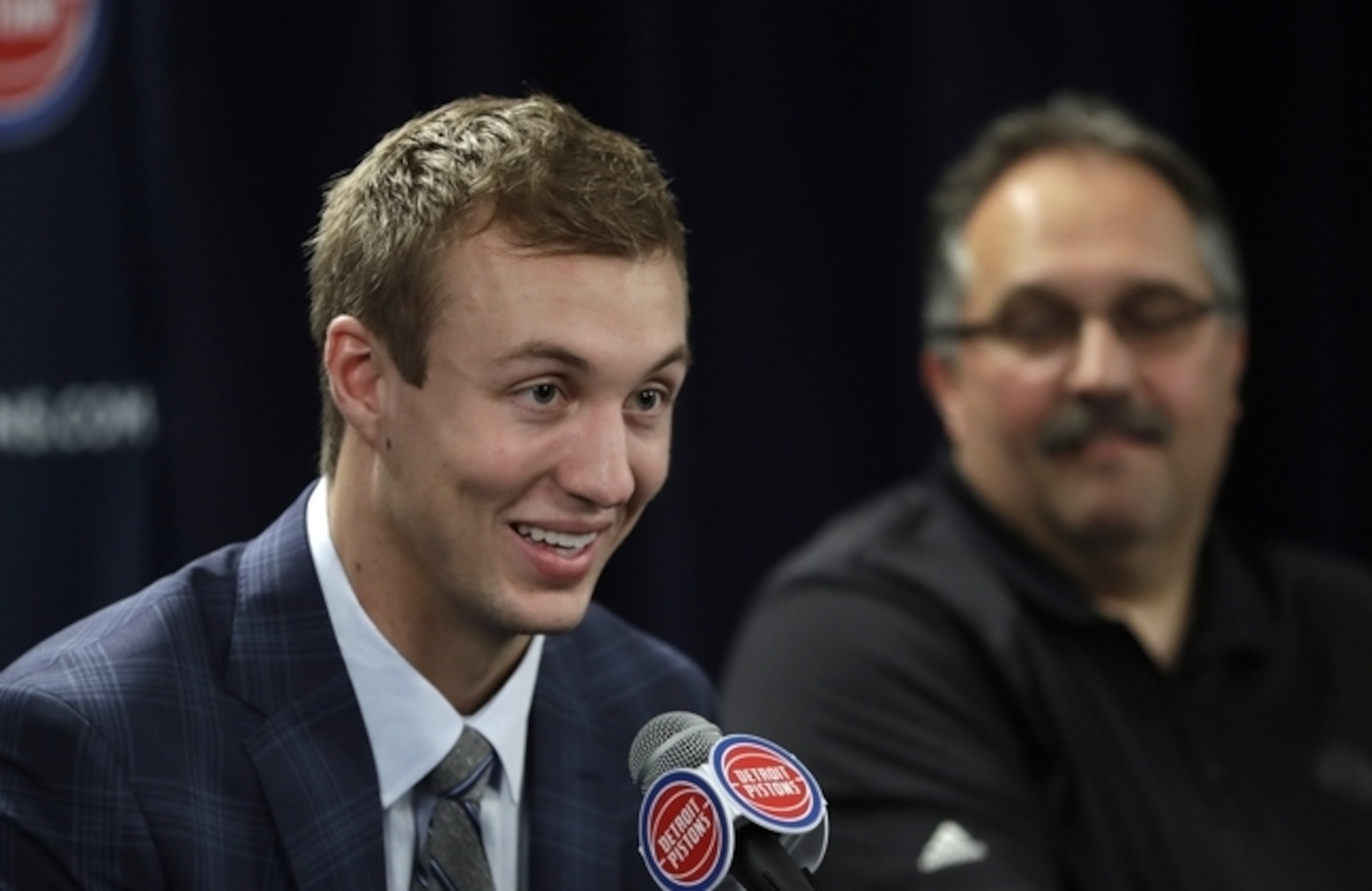Luke Kennard (L) at his introductory press conference with Pistons coach Stan Van Gundy. Luke Kennard (L) at his introductory press conference with Pistons coach Stan Van Gundy.