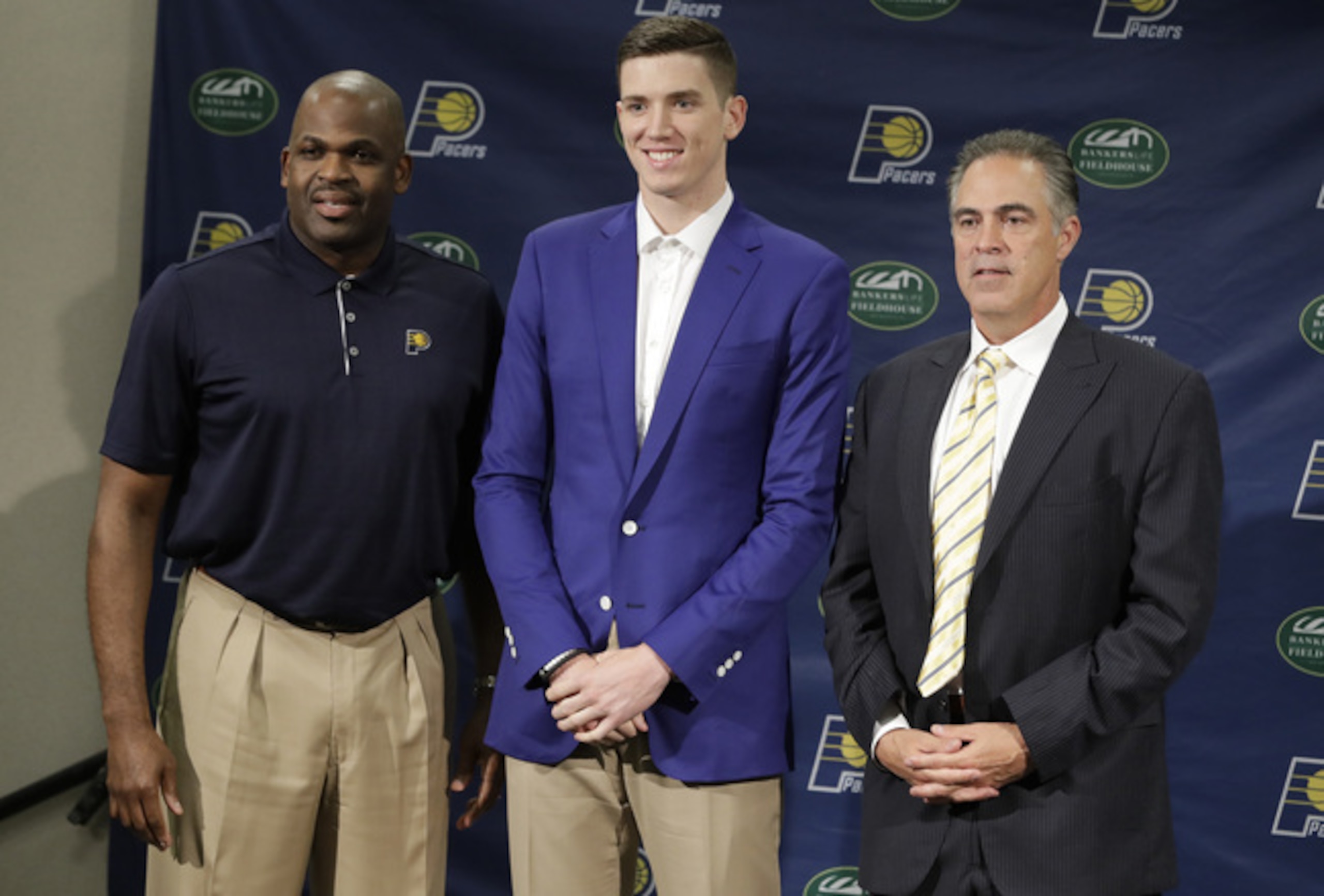 From left: Pacers coach Nate McMillan, rookie T.J. Leaf and general manager Kevin Pritchard. From left: Pacers coach Nate McMillan, rookie T.J. Leaf and general manager Kevin Pritchard.