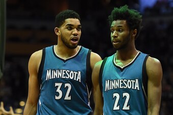 MILWAUKEE, WI - MARCH 11:  Karl-Anthony Towns #32 and Andrew Wiggins #22 of the Minnesota Timberwolves walks backcourt during a game against the Milwaukee Bucks at the BMO Harris Bradley Center on March 11, 2017 in Milwaukee, Wisconsin.  NOTE TO USER: Use