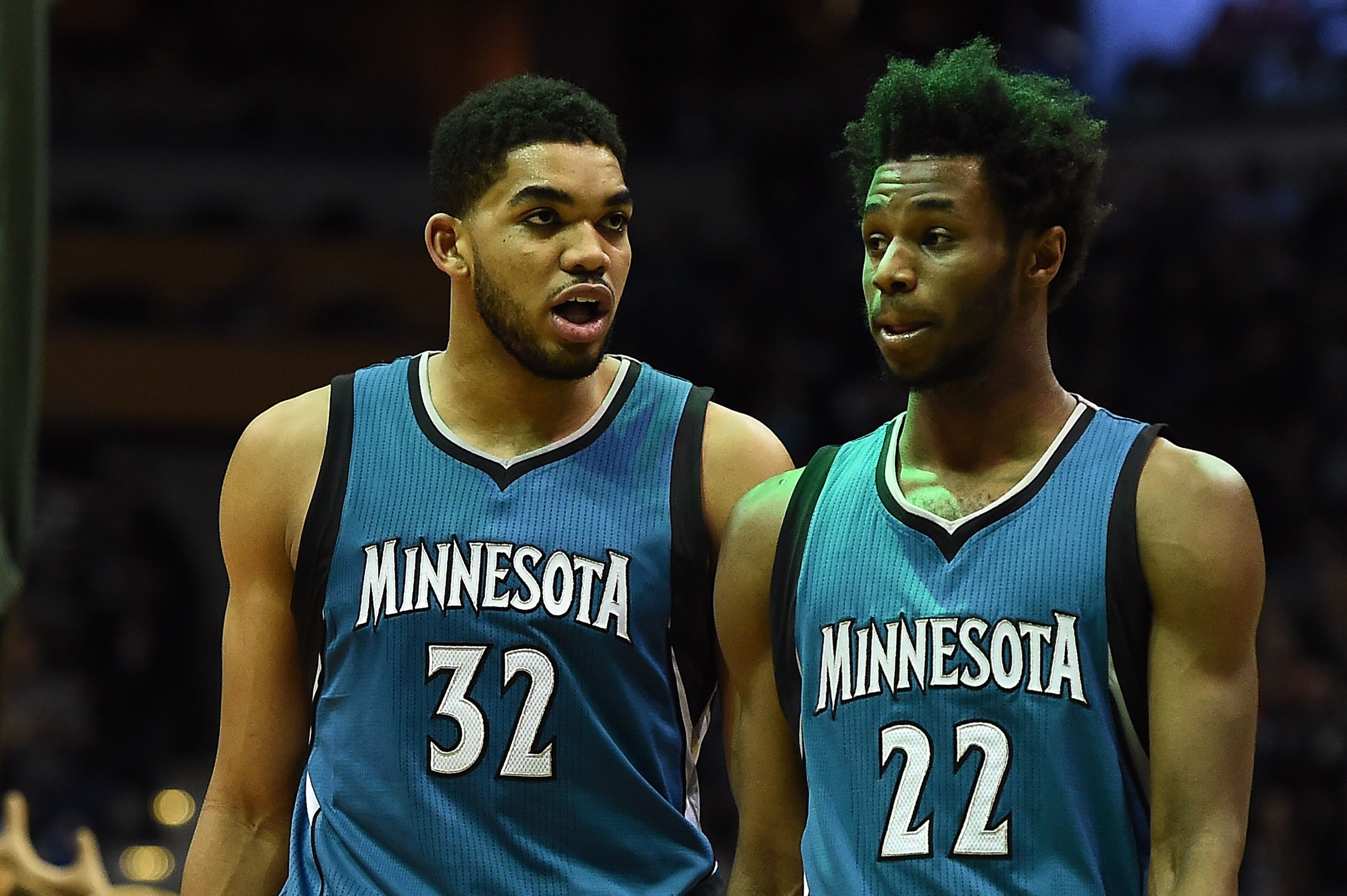 MILWAUKEE, WI - MARCH 11:  Karl-Anthony Towns #32 and Andrew Wiggins #22 of the Minnesota Timberwolves walks backcourt during a game against the Milwaukee Bucks at the BMO Harris Bradley Center on March 11, 2017 in Milwaukee, Wisconsin.  NOTE TO USER: Use
