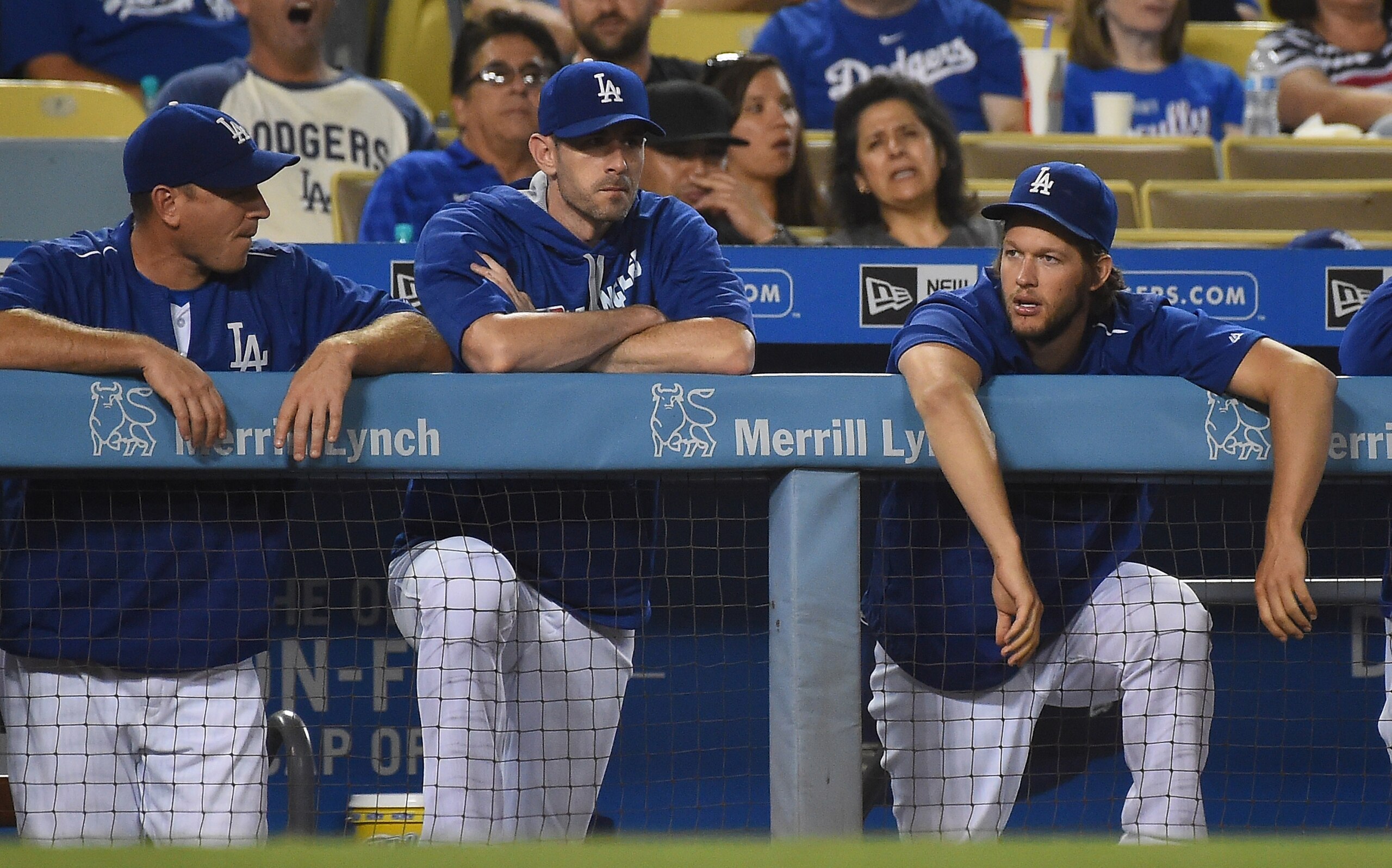 Starting pitchers Brandon McCarthy (center) and Clayton Kershaw (right) are both on the disabled list.