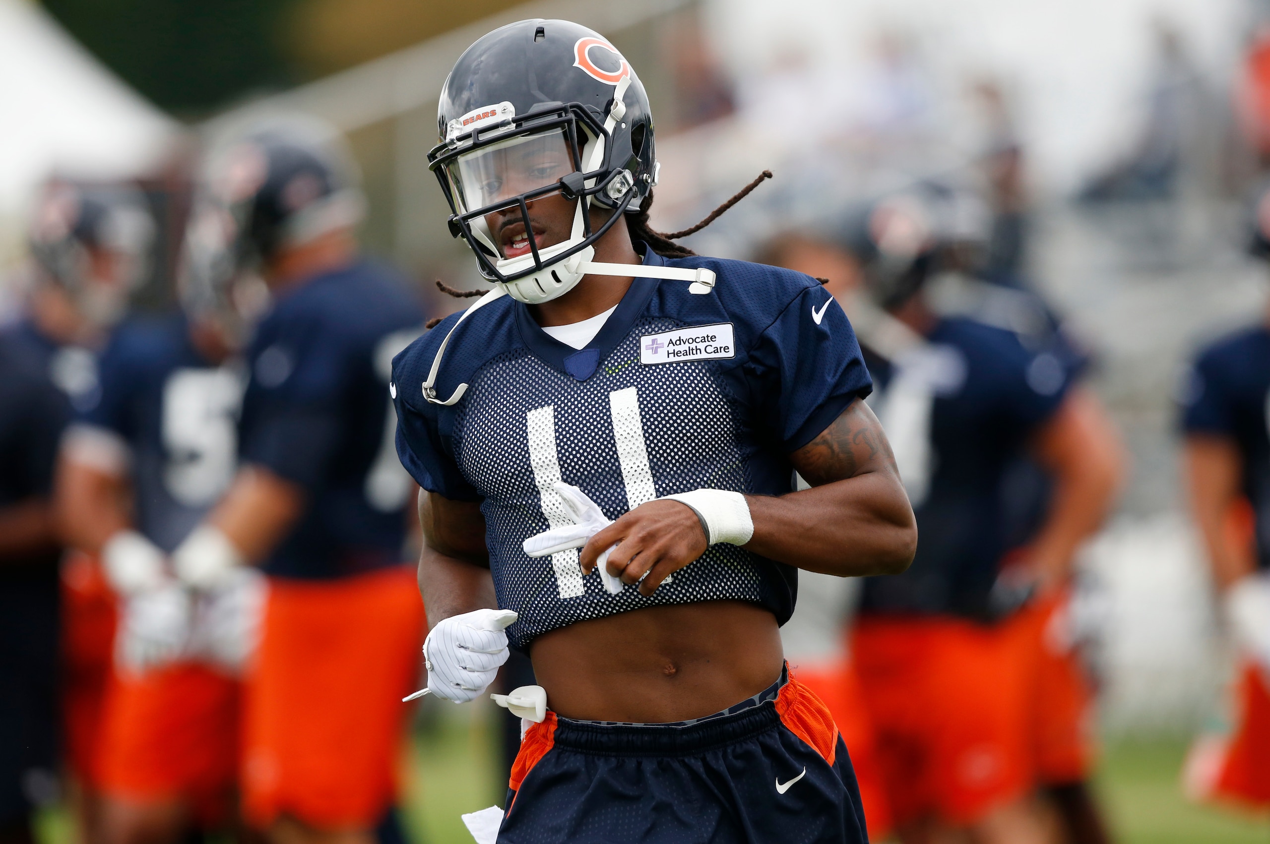 Chicago Bears wide receiver Kevin White runs on the field during an NFL football training camp in Bourbonnais, Ill., Thursday, July 27, 2017. (AP Photo/Nam Y. Huh)