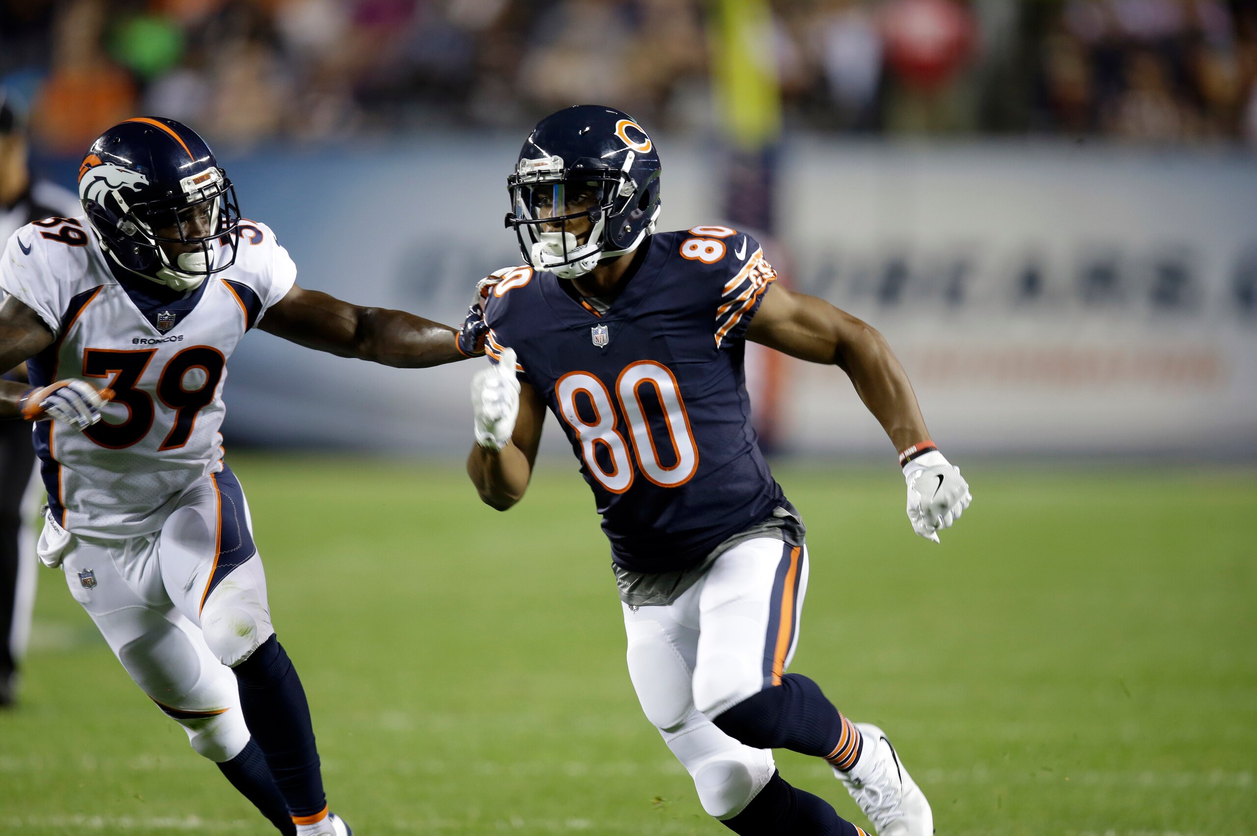 Chicago Bears wide receiver Victor Cruz (80) during the first half of an NFL preseason football game against the Denver Broncos, Thursday, Aug. 10, 2017, in Chicago. (AP Photo/G-Jun Yam)
