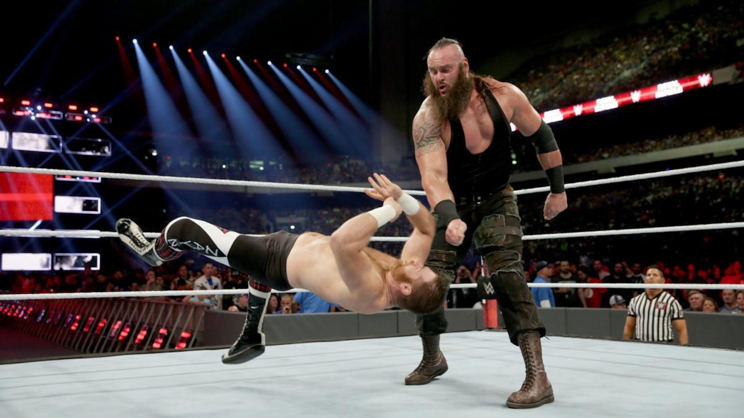 Braun Strowman bowls over Sami Zayn during the 2017 Royal Rumble.