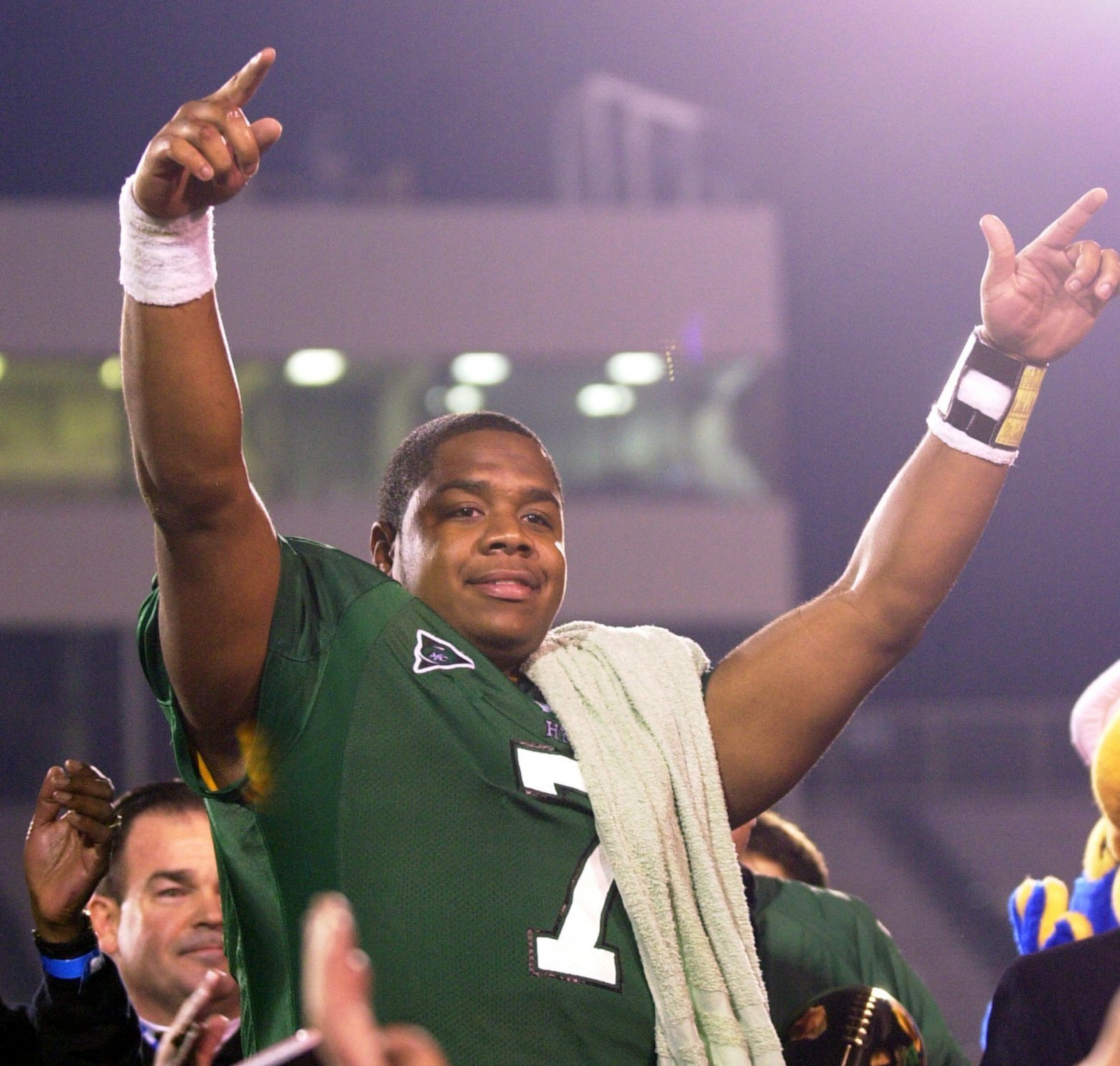 Byron Leftwich and Marshall celebrated in a big way in Mobile in 2001.