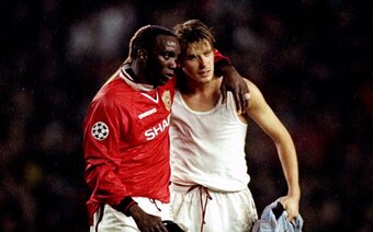 Yorke and Beckham celebrate United's fine first-leg win over Inter.