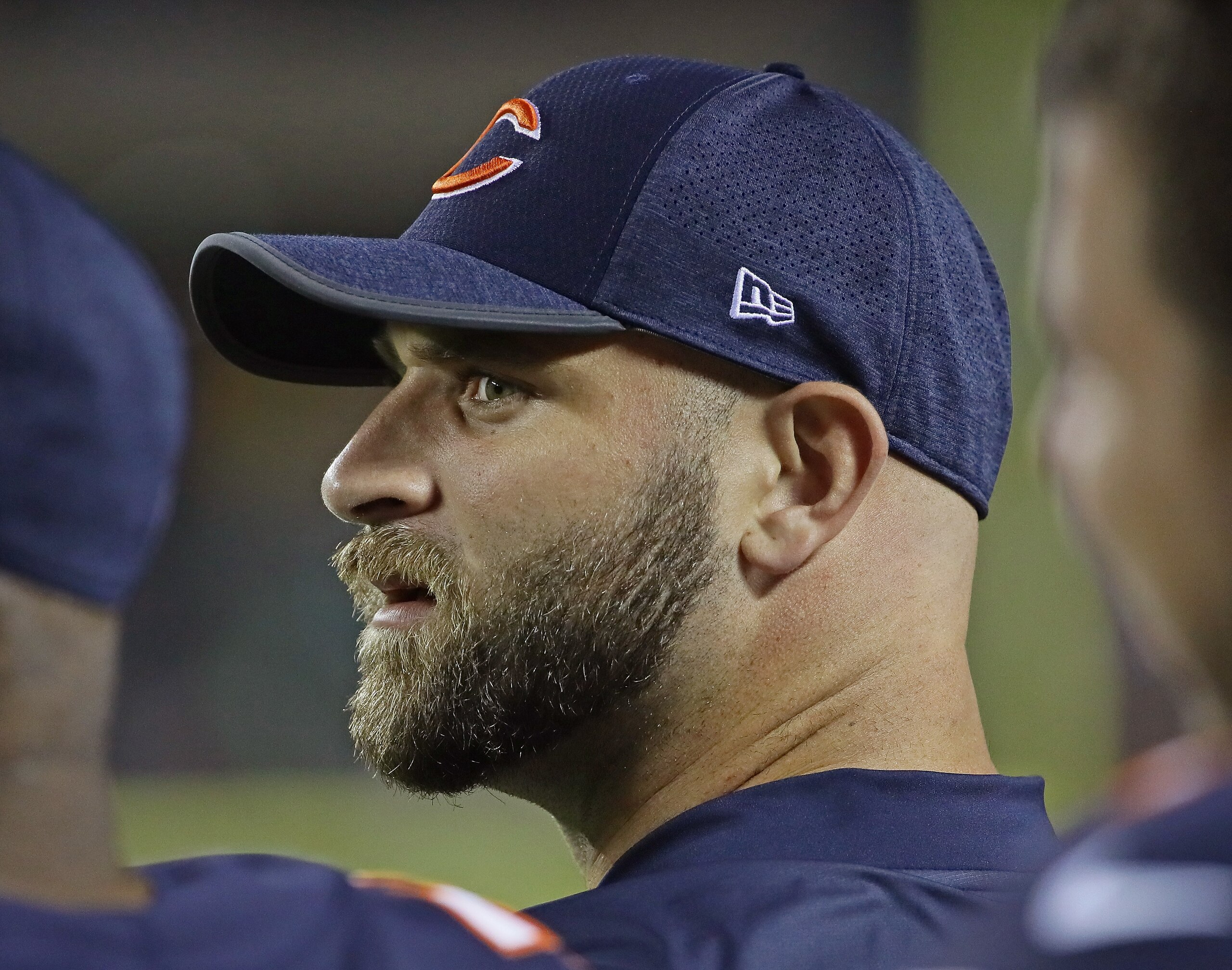 CHICAGO, IL - AUGUST 31:  Kyle Long #75 of the Chicago Bears is seen on the sidelines during a preseason game against the Cleveland Browns at Soldier Field on August 31, 2017 in Chicago, Illinois. The Browns defeated the Bears 25-0.  (Photo by Jonathan Da
