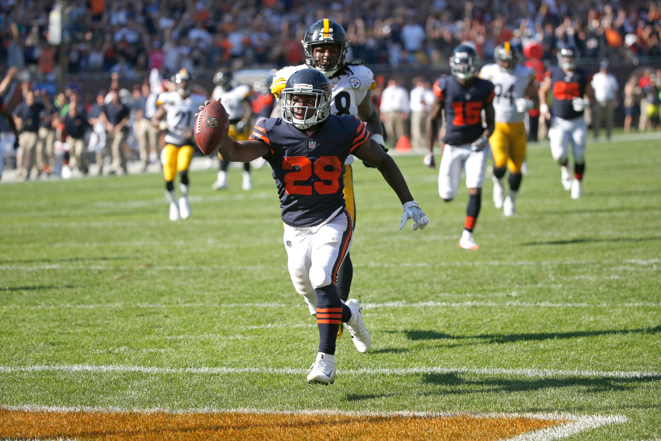 Chicago Bears running back Tarik Cohen (29) runs toward the end zone in overtime of an NFL football game against the Pittsburgh Steelers, Sunday, Sept. 24, 2017, in Chicago. Cohen was ruled to have gone out of bounds earlier on the play. (AP Photo/Charles