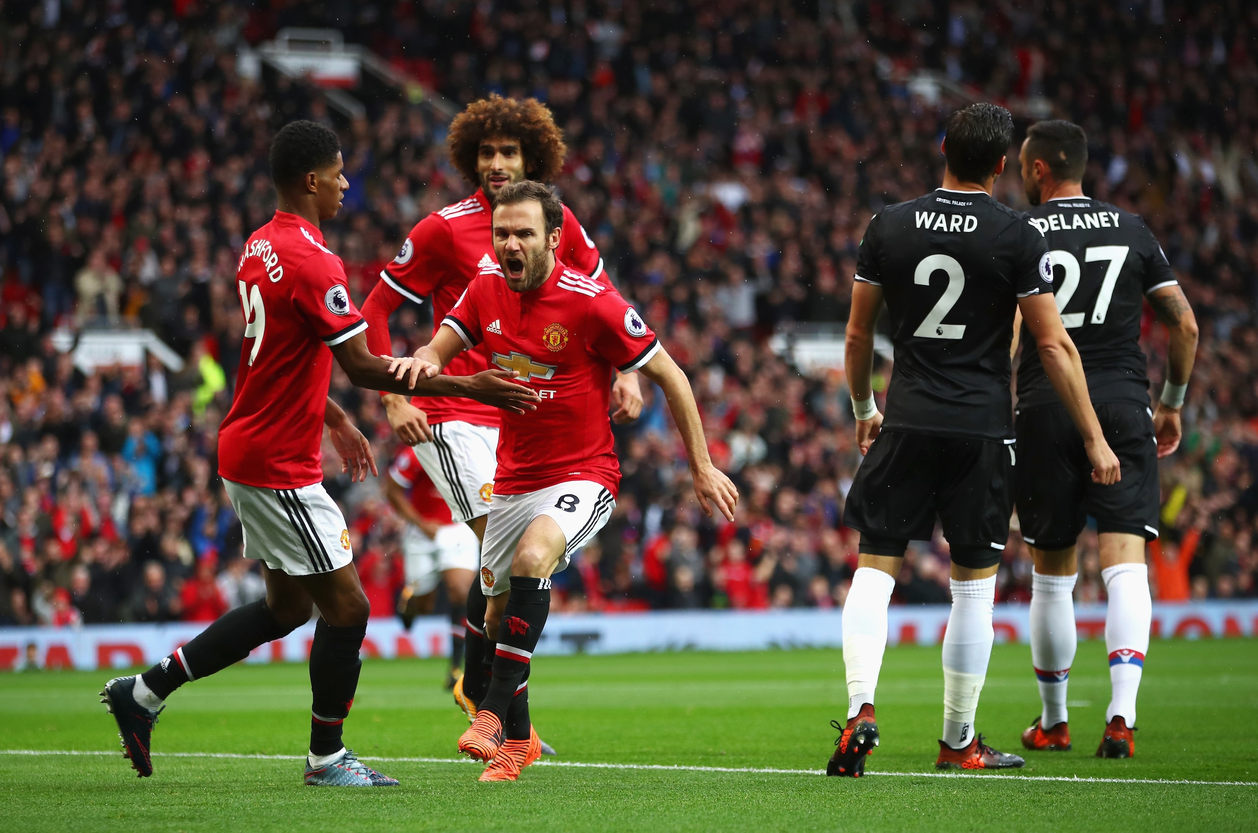 Mata celebrates his first goal of the season against Palace. Mata celebrates his first goal of the season against Palace.