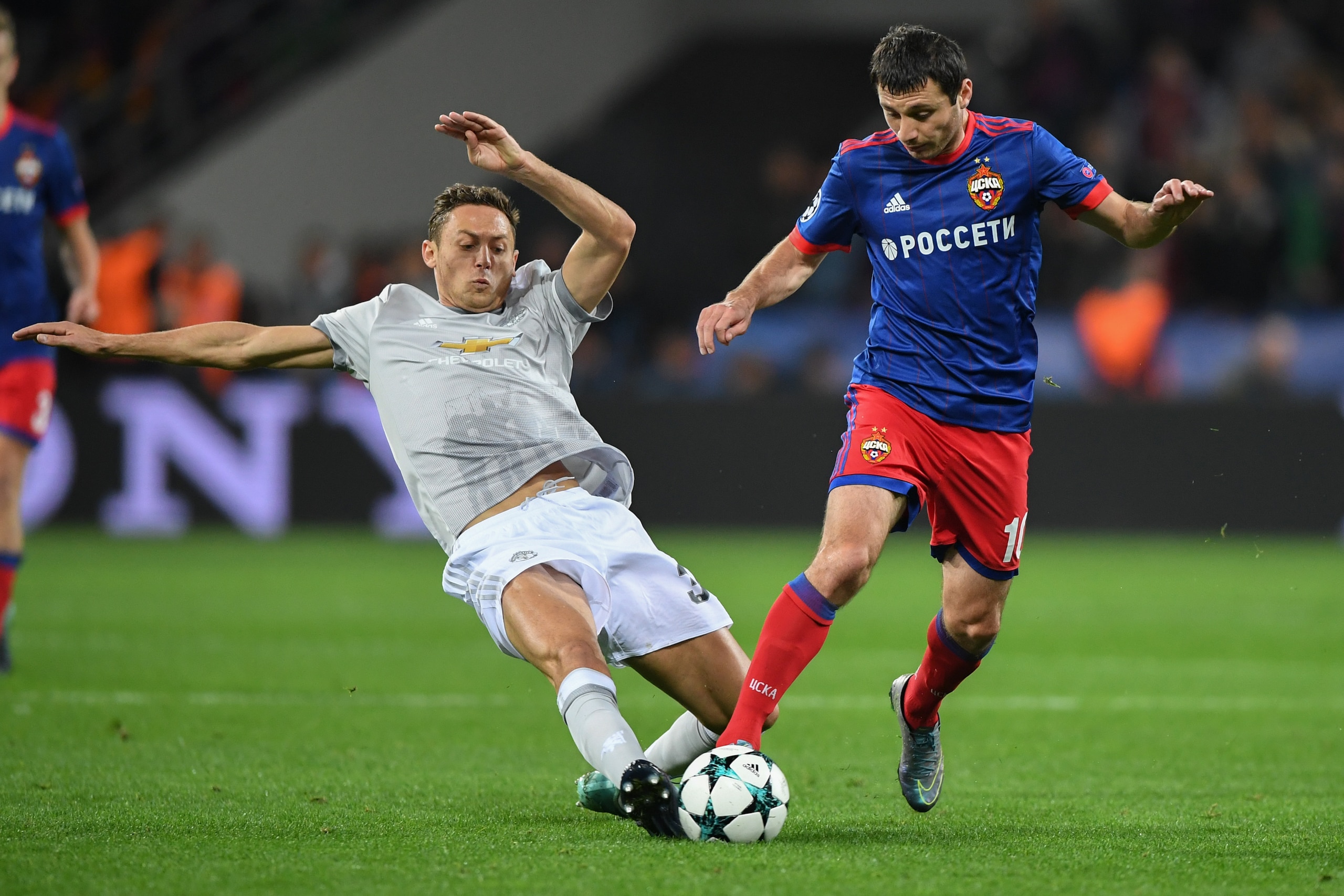Matic makes a tackle in Moscow. Matic makes a tackle in Moscow.