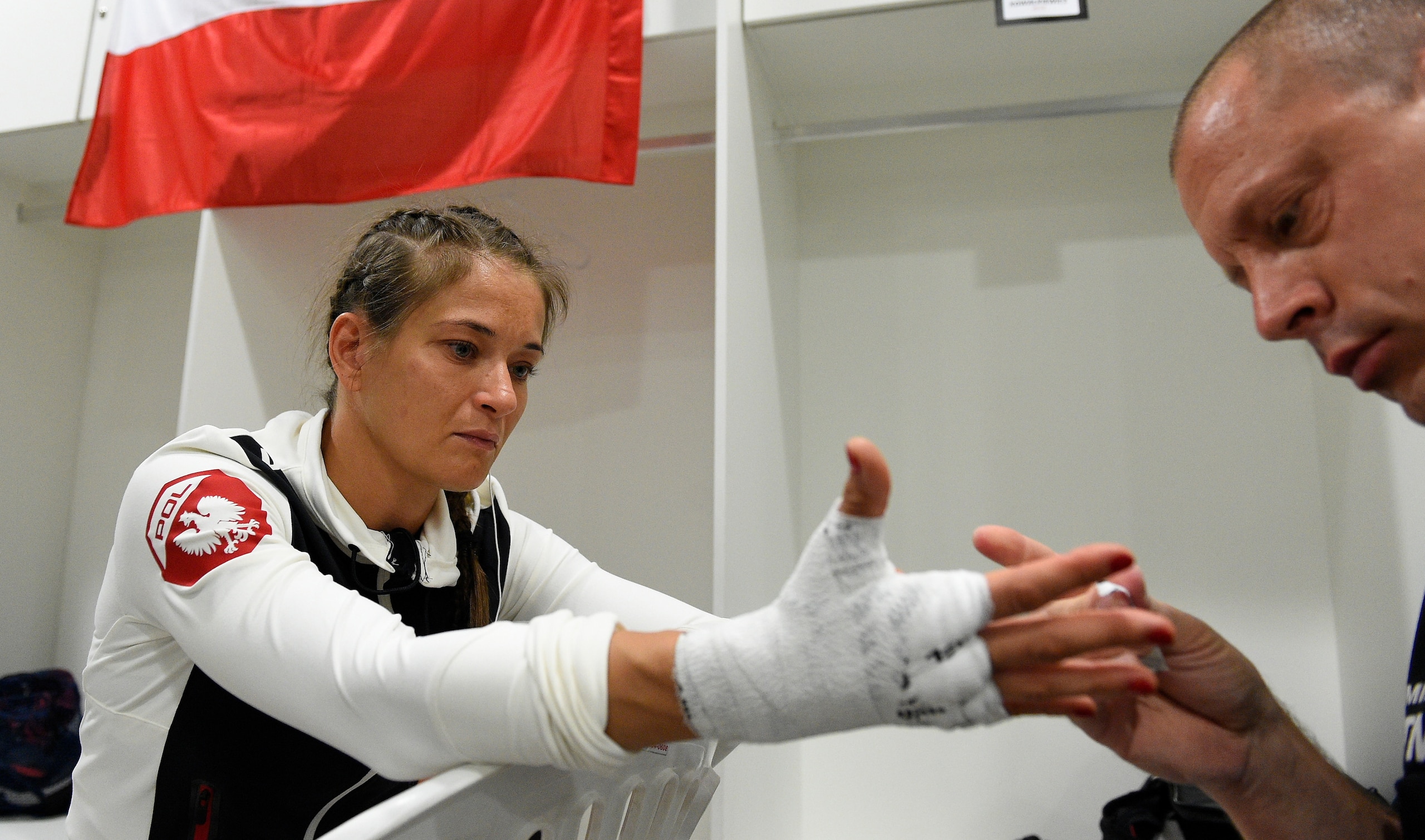 Kowalkiewicz has her hands wrapped before a fight.