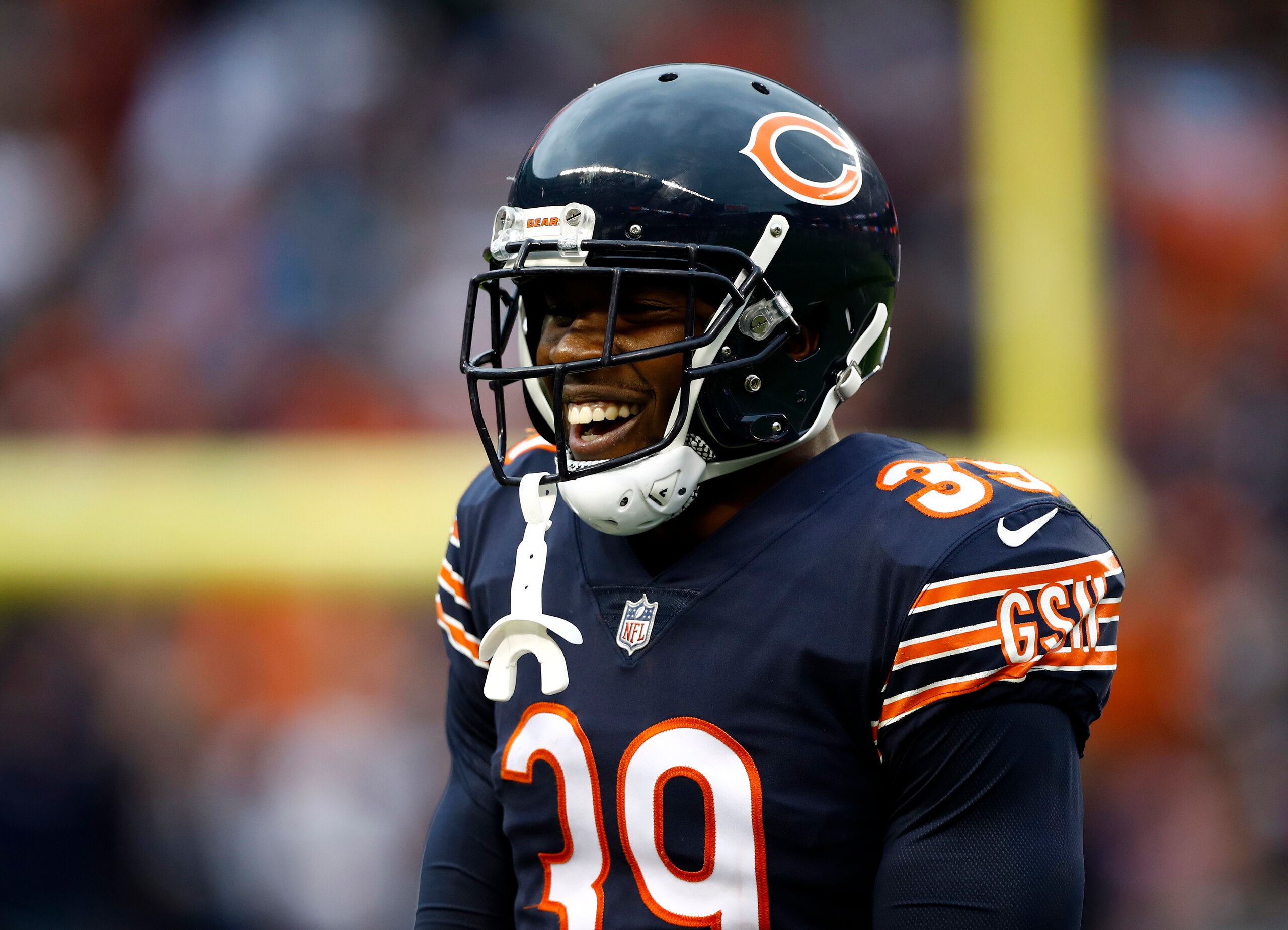 CHICAGO, IL - OCTOBER 22:   Eddie Jackson #39 of the Chicago Bears reacts after the Bears intercepted the football in the fourth quarter against the Carolina Panthers at Soldier Field on October 22, 2017 in Chicago, Illinois. The Chicago Bears defeated th