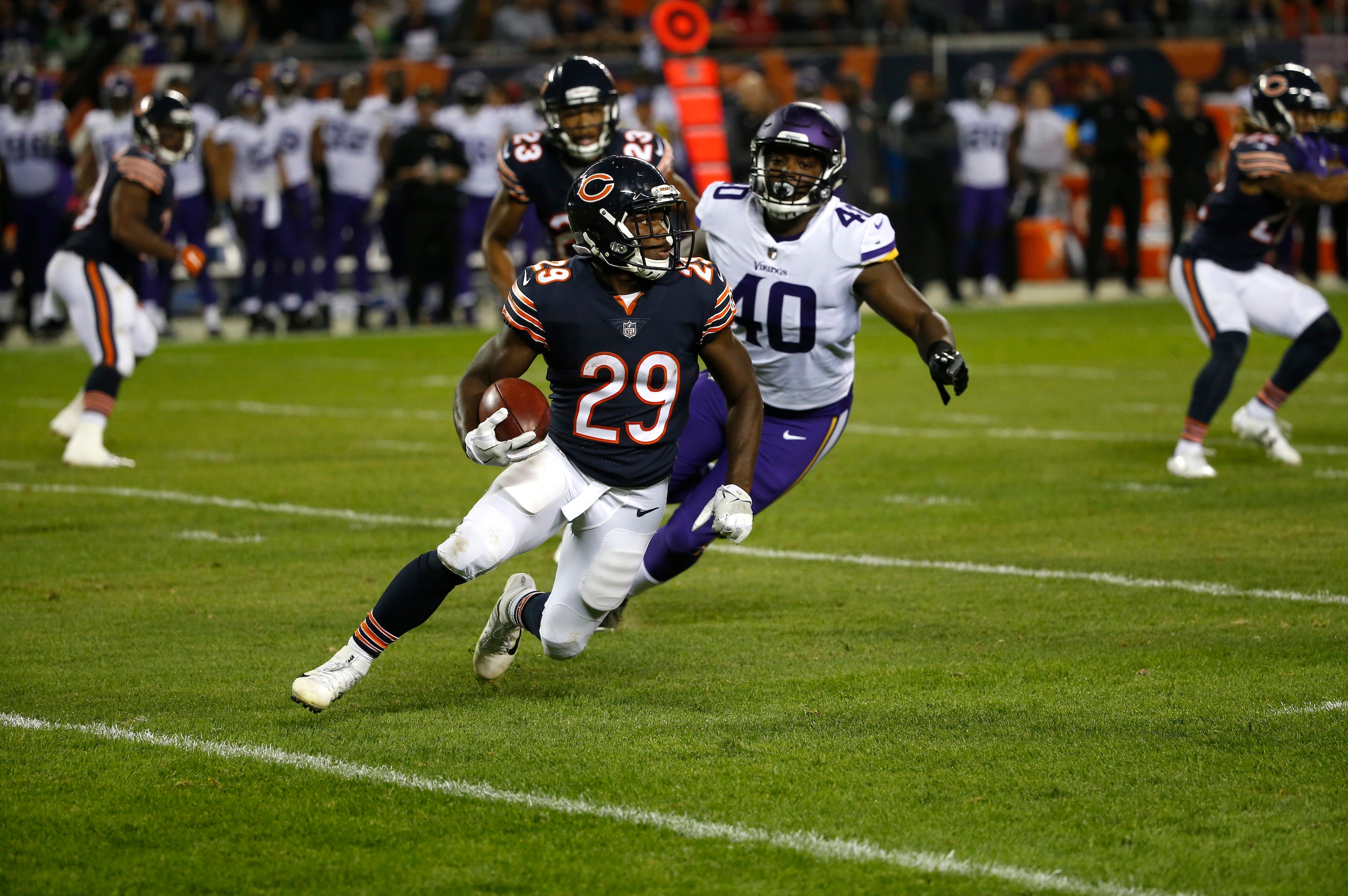 Chicago Bears running back Tarik Cohen (29) rushes during the first half of an NFL football game against the Minnesota Vikings, Monday, Oct. 9, 2017, in Chicago. (AP Photo/Charles Rex Arbogast)