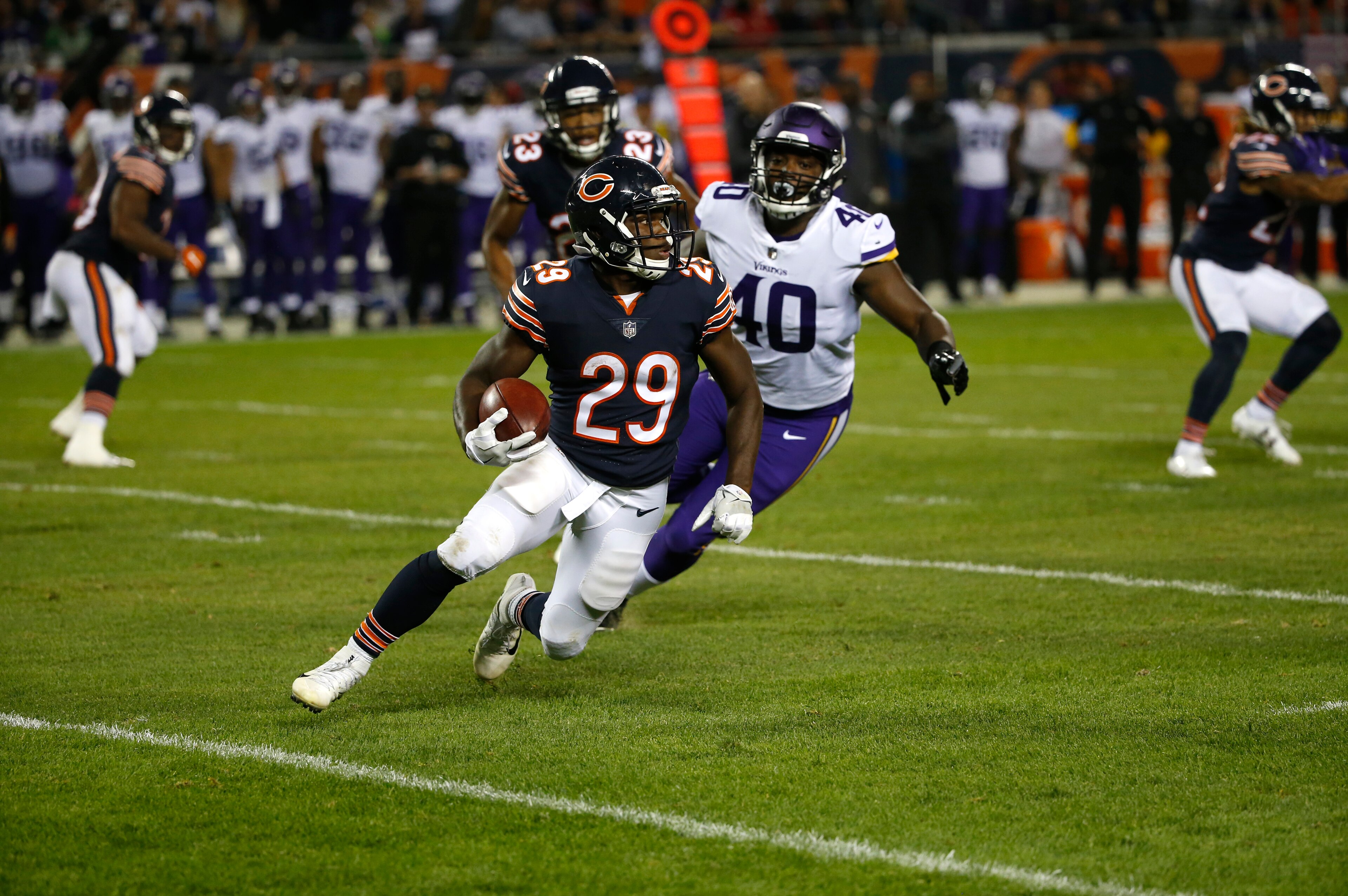 Chicago Bears running back Tarik Cohen (29) rushes during the first half of an NFL football game against the Minnesota Vikings, Monday, Oct. 9, 2017, in Chicago. (AP Photo/Charles Rex Arbogast)