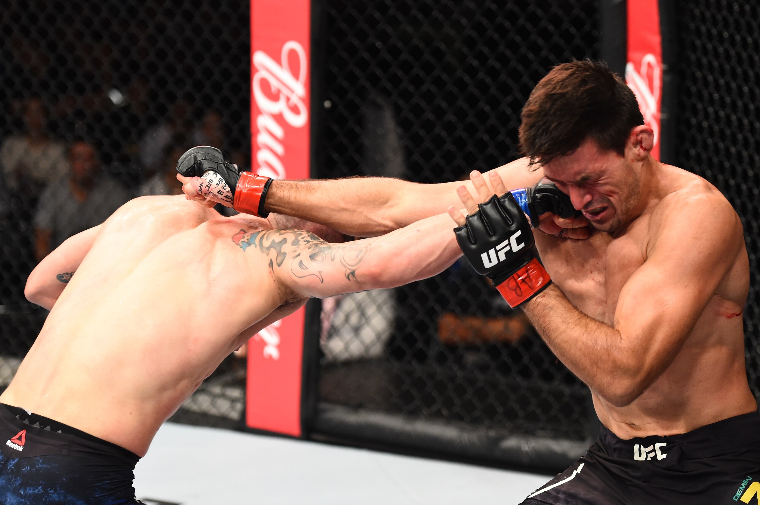 Colby Covington (left) lands on Demian Maia (right).