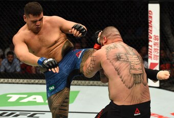 Tai Tuivasa (left) knocked out Rashad Coulter.