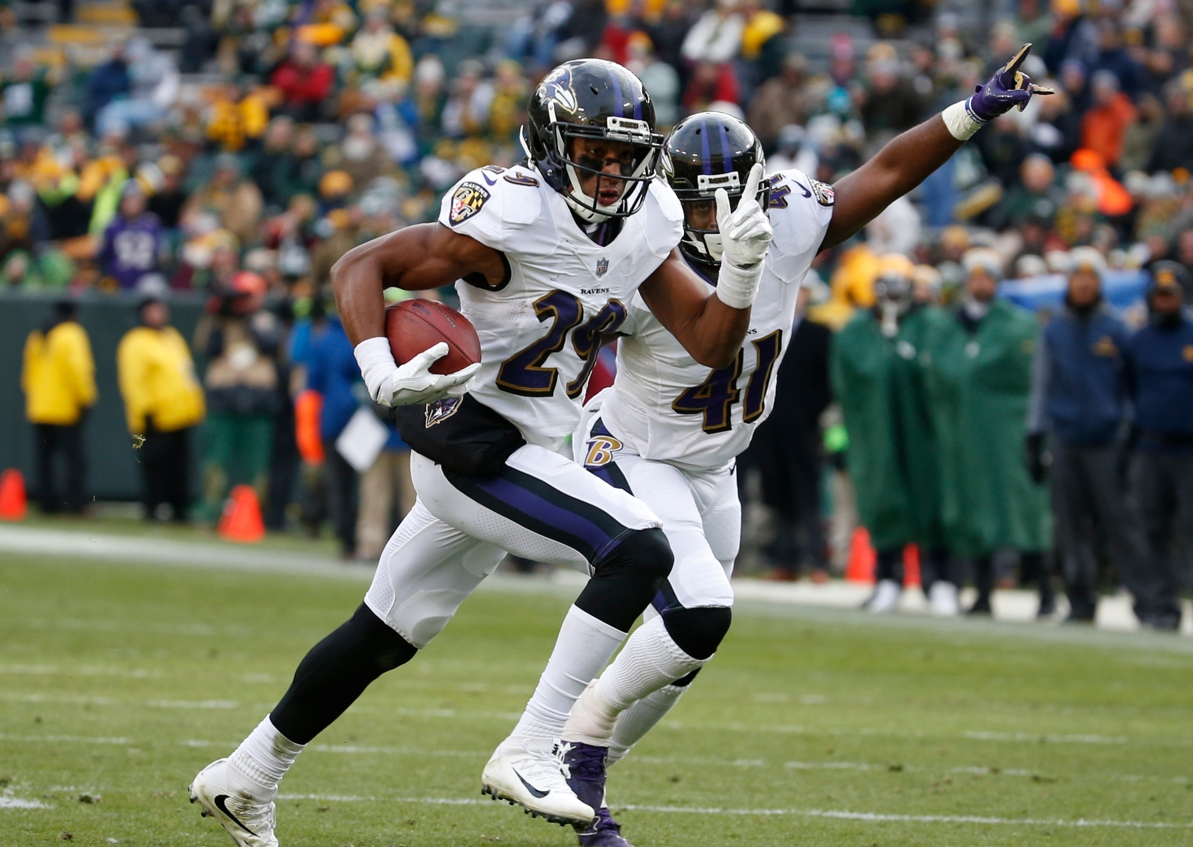 Marlon Humphrey had his first interception Sunday in Green Bay.