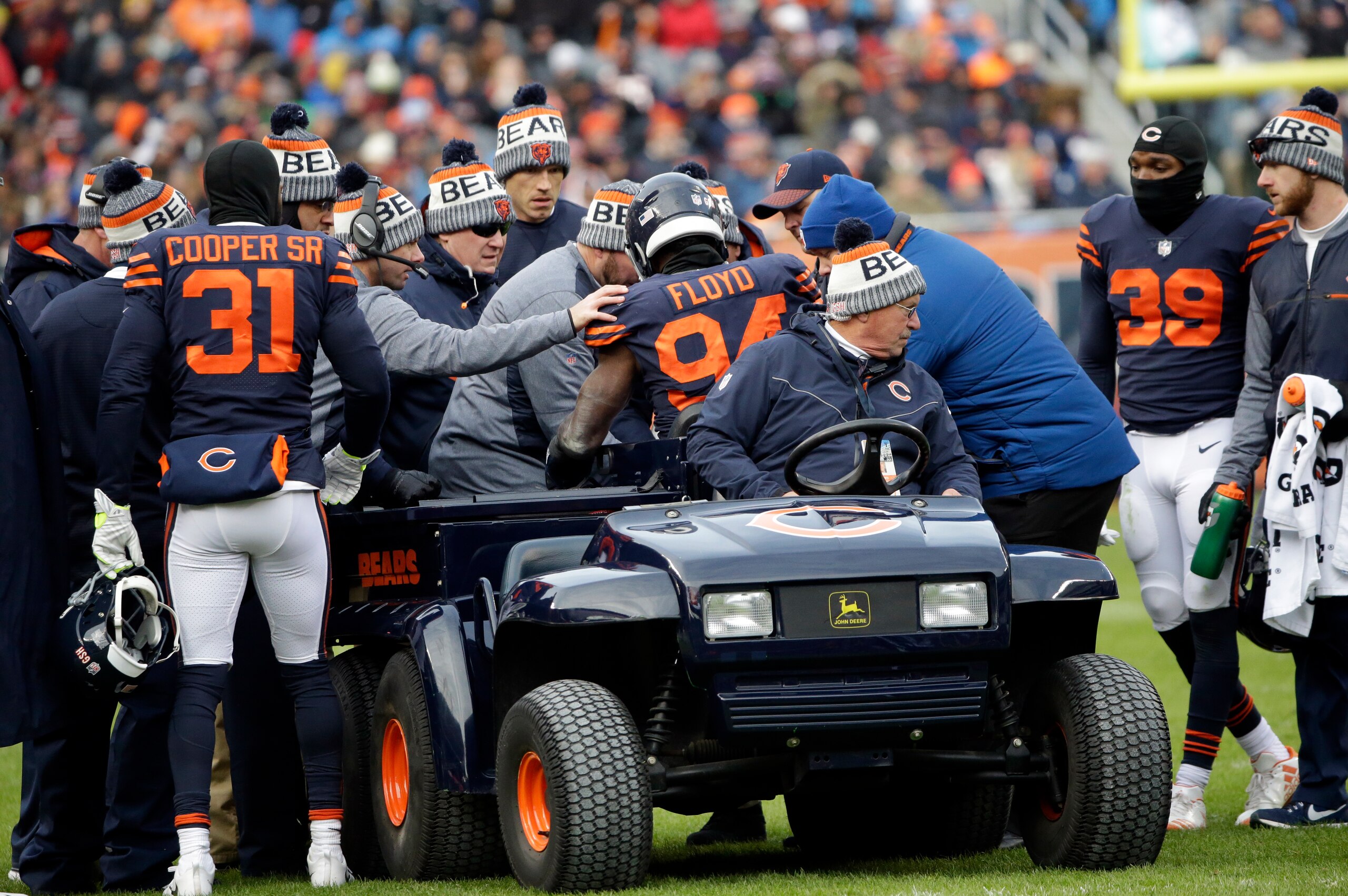 Chicago Bears outside linebacker Leonard Floyd (94) is taken off the field during the second half of an NFL football game against the Detroit Lions, Sunday, Nov. 19, 2017, in Chicago. (AP Photo/Nam Y. Huh)
