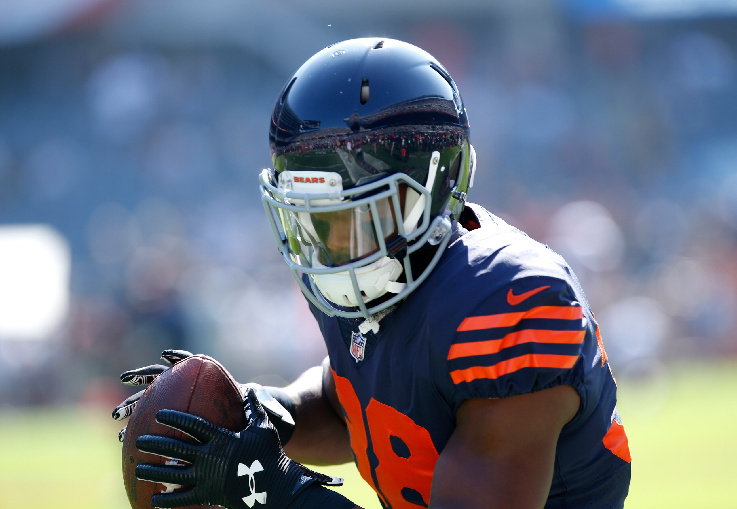 CHICAGO, IL - SEPTEMBER 24:   Adrian Amos #38 of the Chicago Bears warms up prior to the game against the Pittsburgh Steelers at Soldier Field on September 24, 2017 in Chicago, Illinois.  (Photo by Kena Krutsinger/Getty Images)