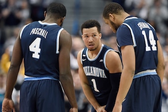 Jalen Brunson (1), Eric Paschall (4) and Omari Spellman (14)