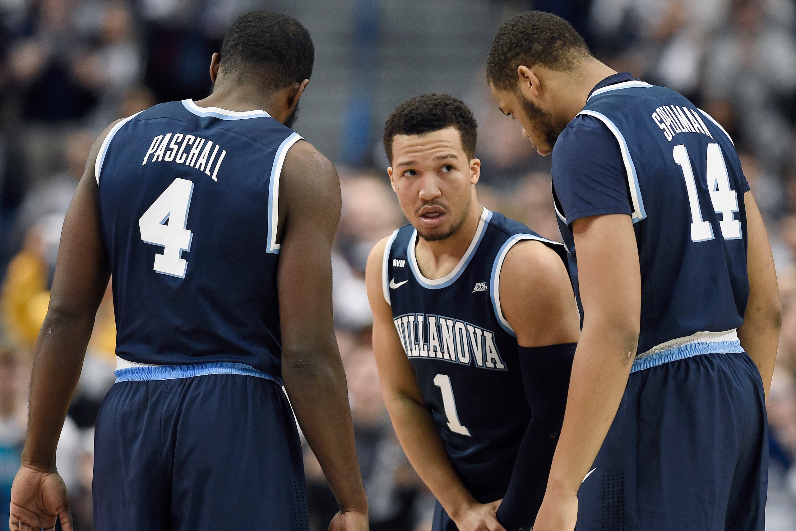 Jalen Brunson (1), Eric Paschall (4) and Omari Spellman (14) Jalen Brunson (1), Eric Paschall (4) and Omari Spellman (14)