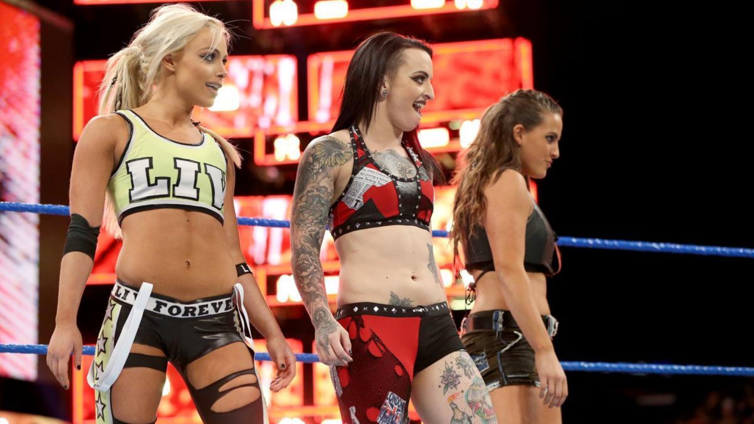 The Riott Squad (Liv Morgan, Ruby Riott and Sarah Logan).