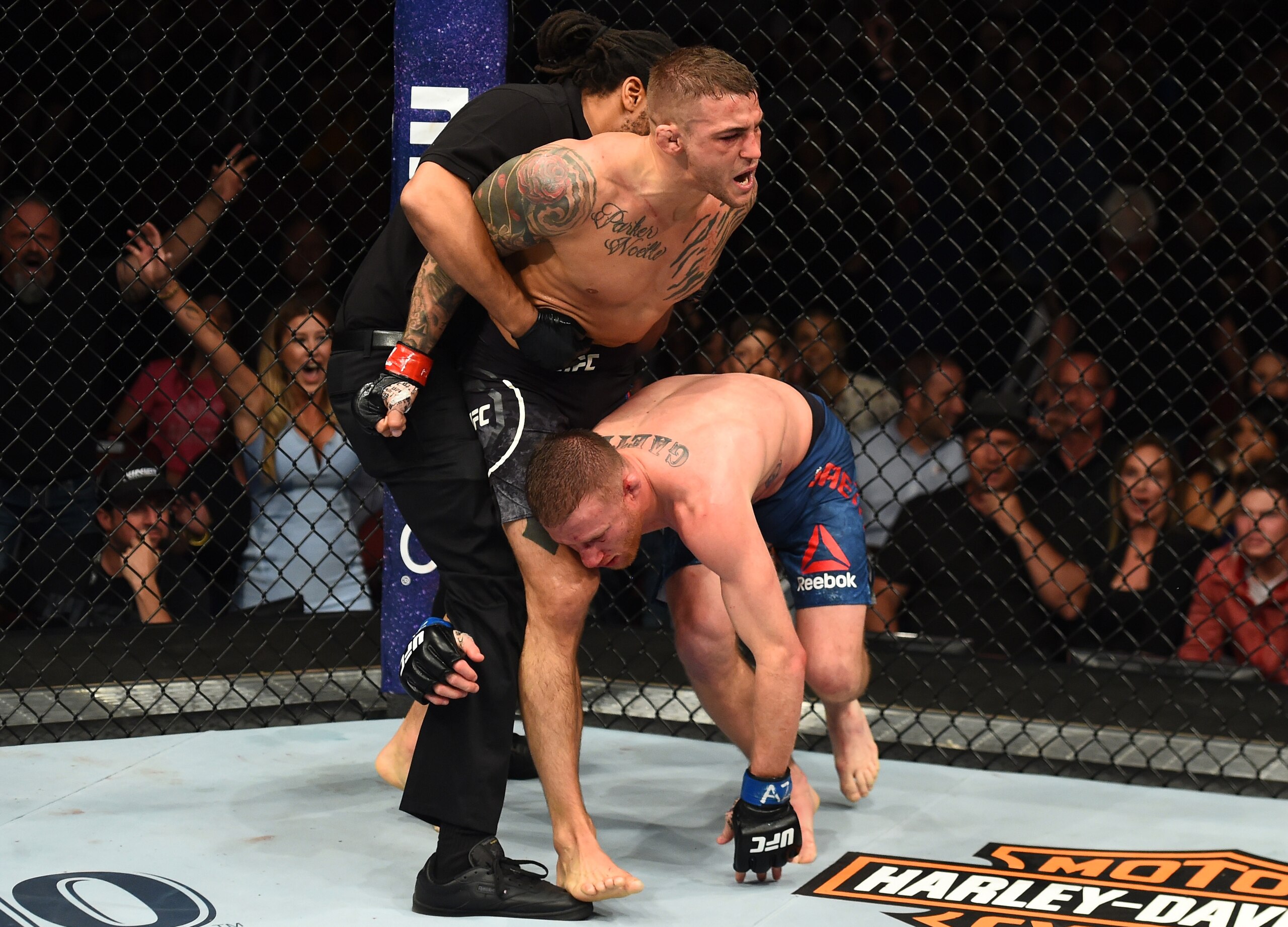 Dustin Poirier is pulled away after knocking out Justin Gaethje. Dustin Poirier is pulled away after knocking out Justin Gaethje.